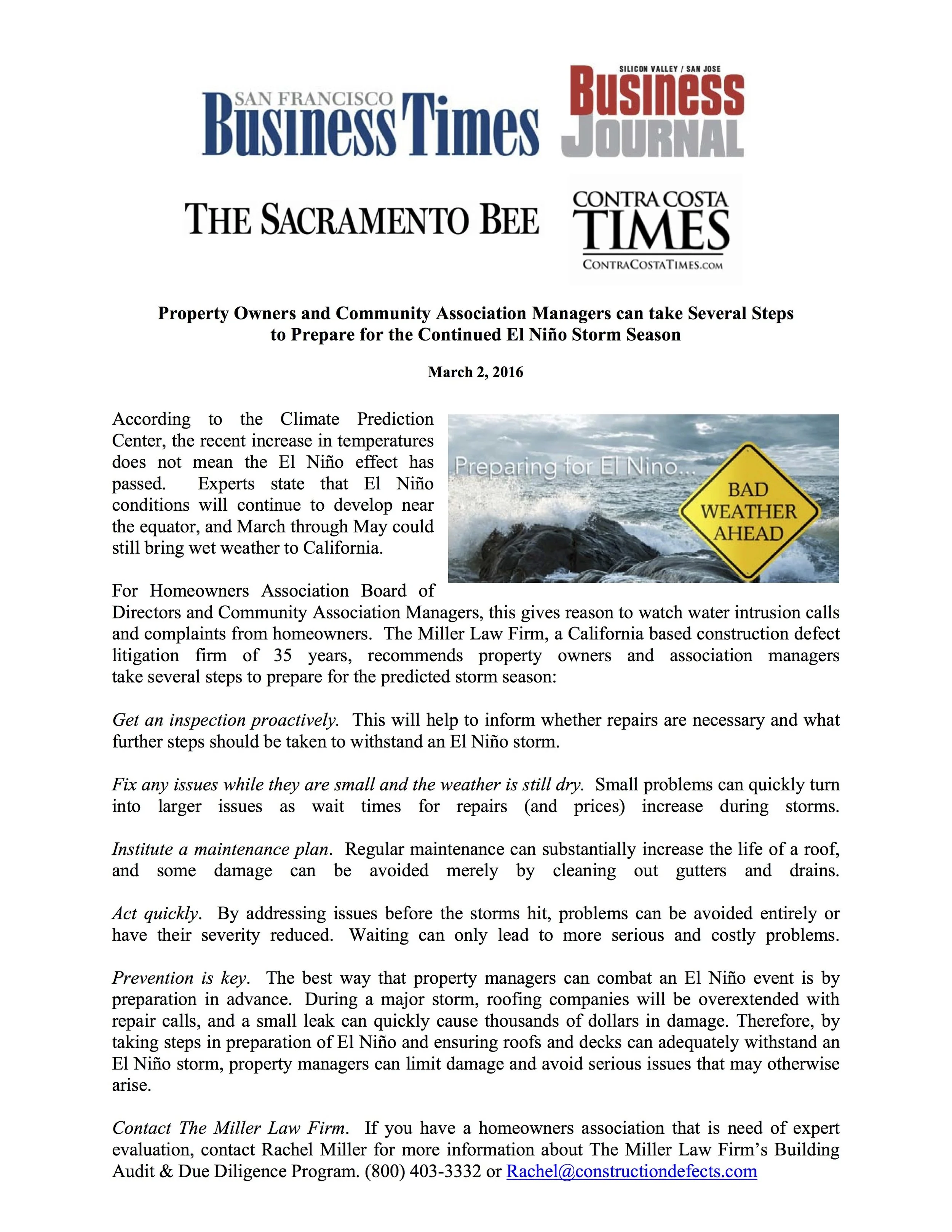 SF Business Times - Property Owners and Community Association Managers can take Several Steps to Prepare for the Continued El Niño Storm Season