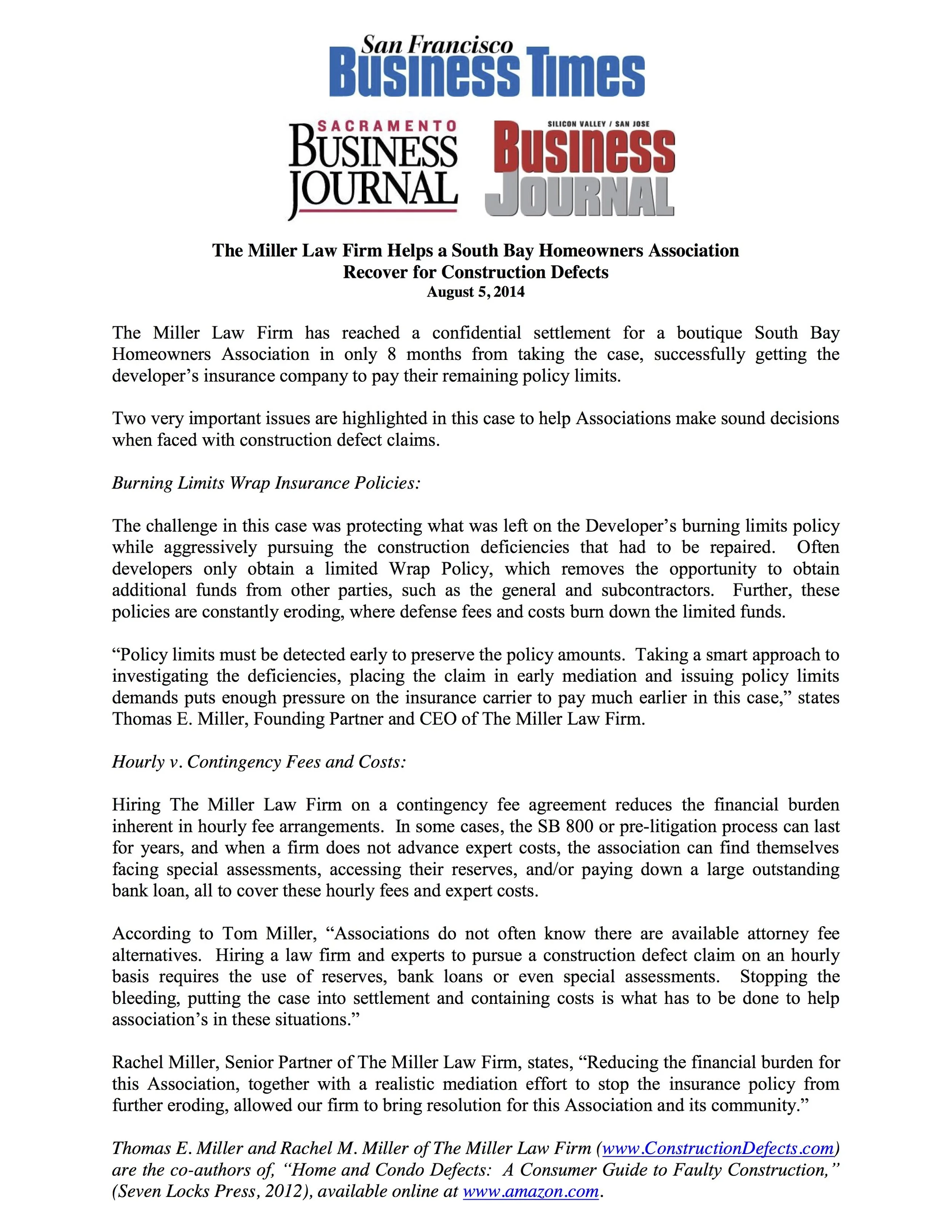 SF Business Times - The Miller Law Firm Helps a South Bay Homeowners Association Recover for Construction Defects