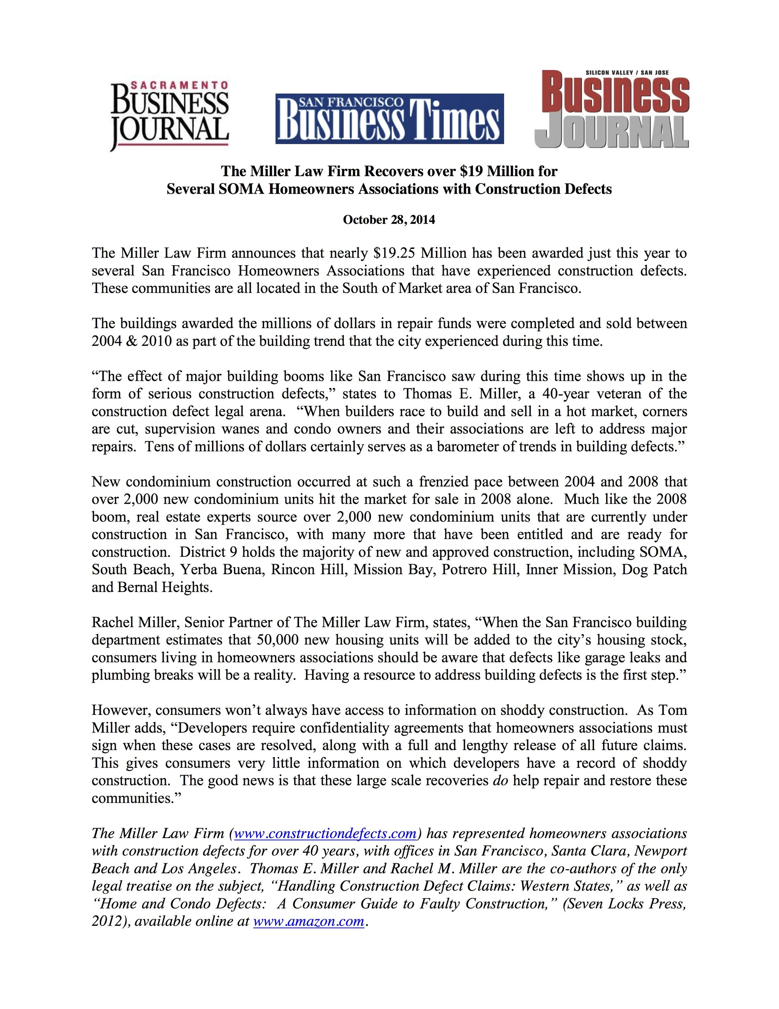 SF Business Times - The Miller Law Firm Recovers over $19 Million for Several SOMA Homeowners Associations with Construction Defects