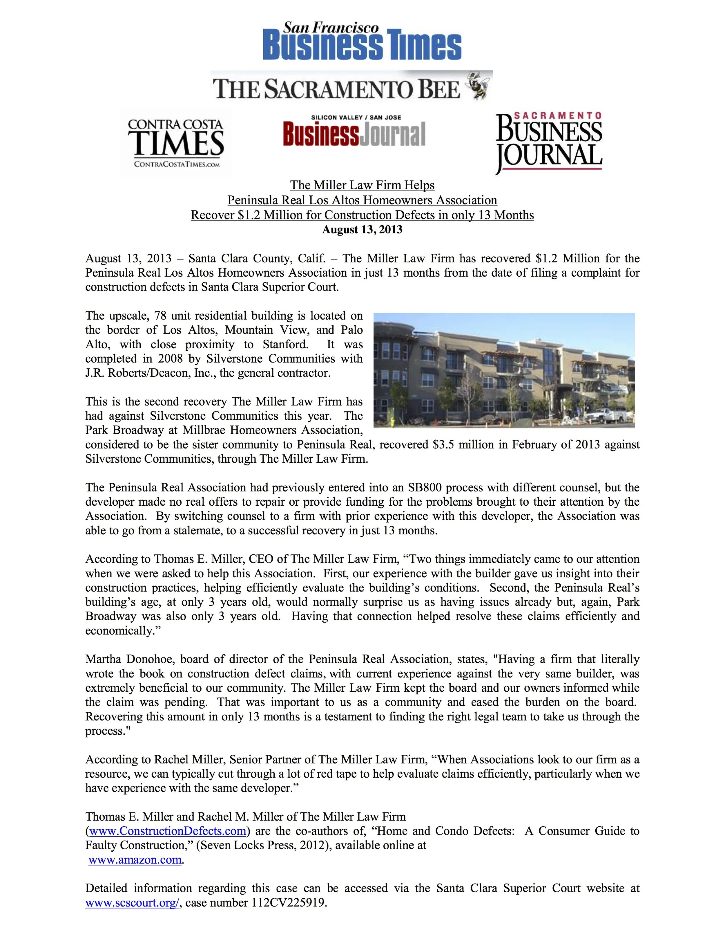 SF Business Times - TMLF Helps Peninsula Real Los Altos Homeowners Association Recover $1.2 Million for Construction Defects in only 13 Months