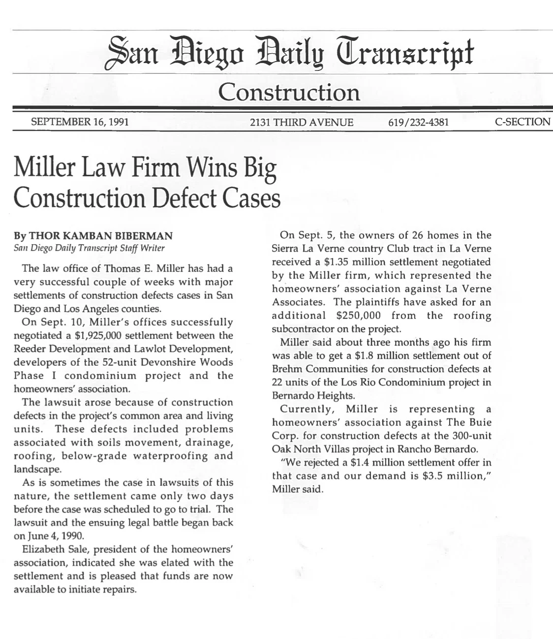 San Diego Daily Transcript - Miller Law Firm Wins Big Construction Defect Cases