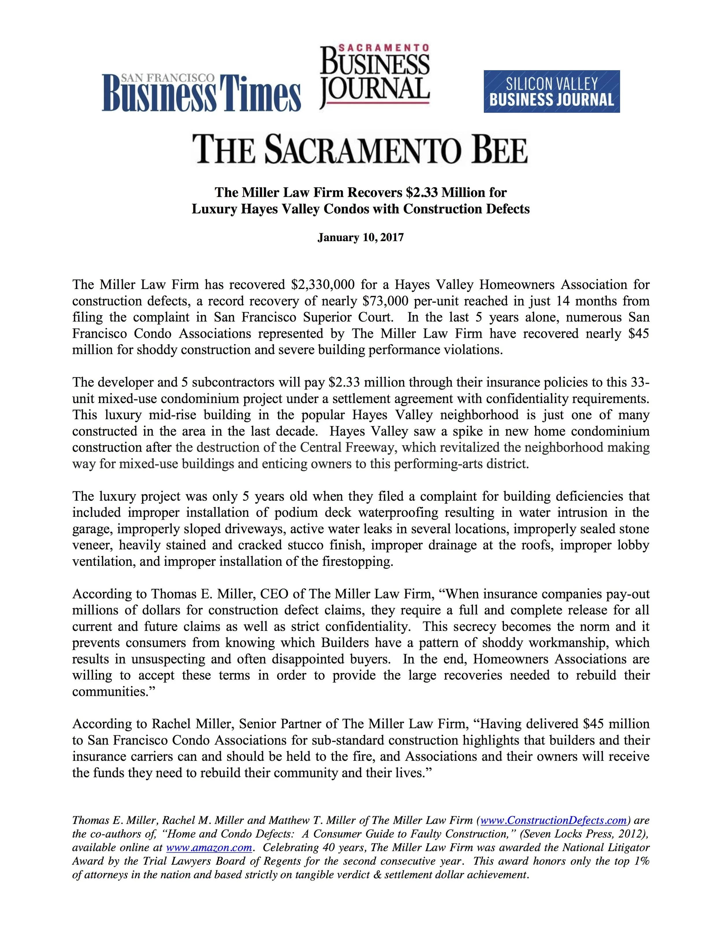 The Miller Law Firm Recovers $2.33M for Luxury Hayes Valley Condos with Construction Defects