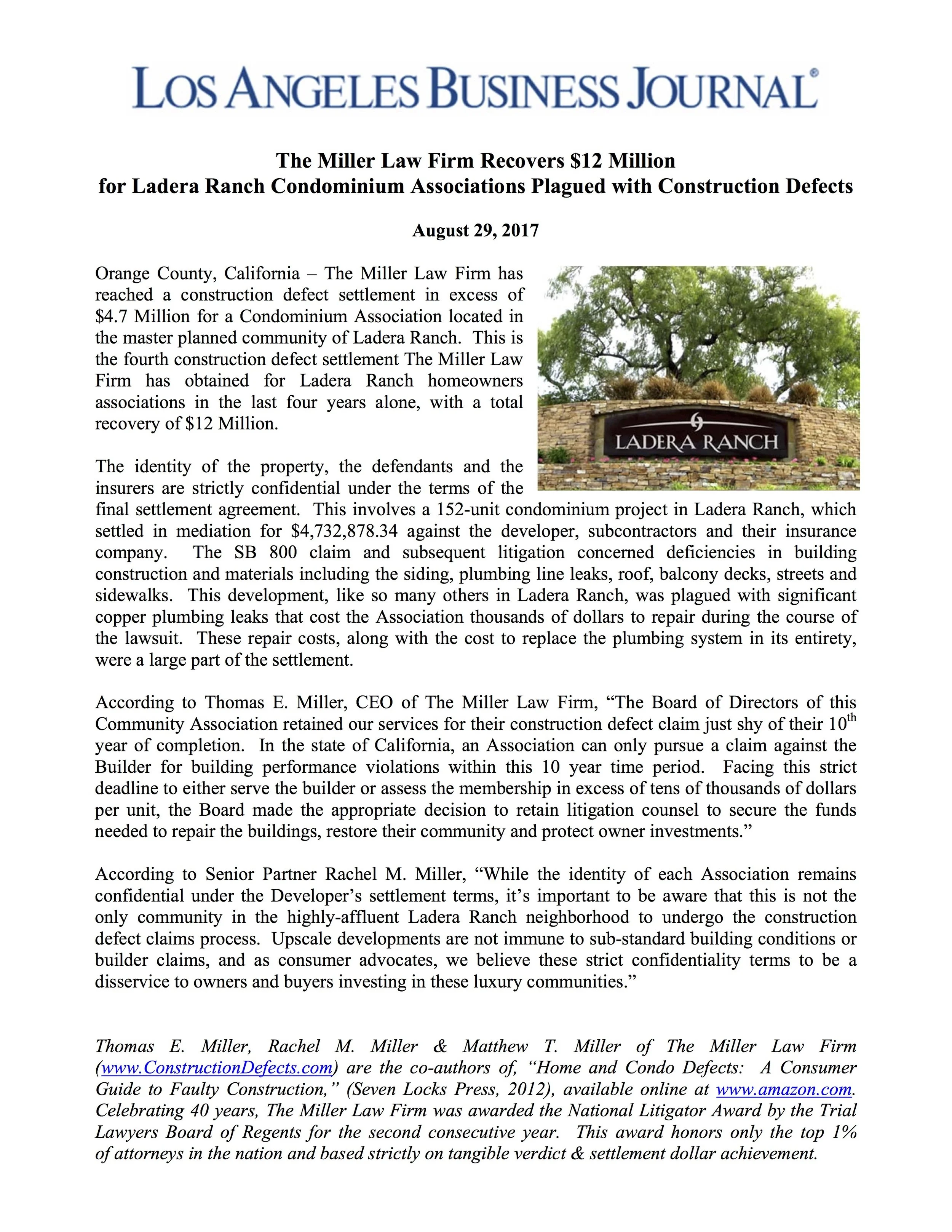 The Miller Law Firm Recovers $12 Million for Ladera Ranch Condominium Associations Plagued with Construction Defects