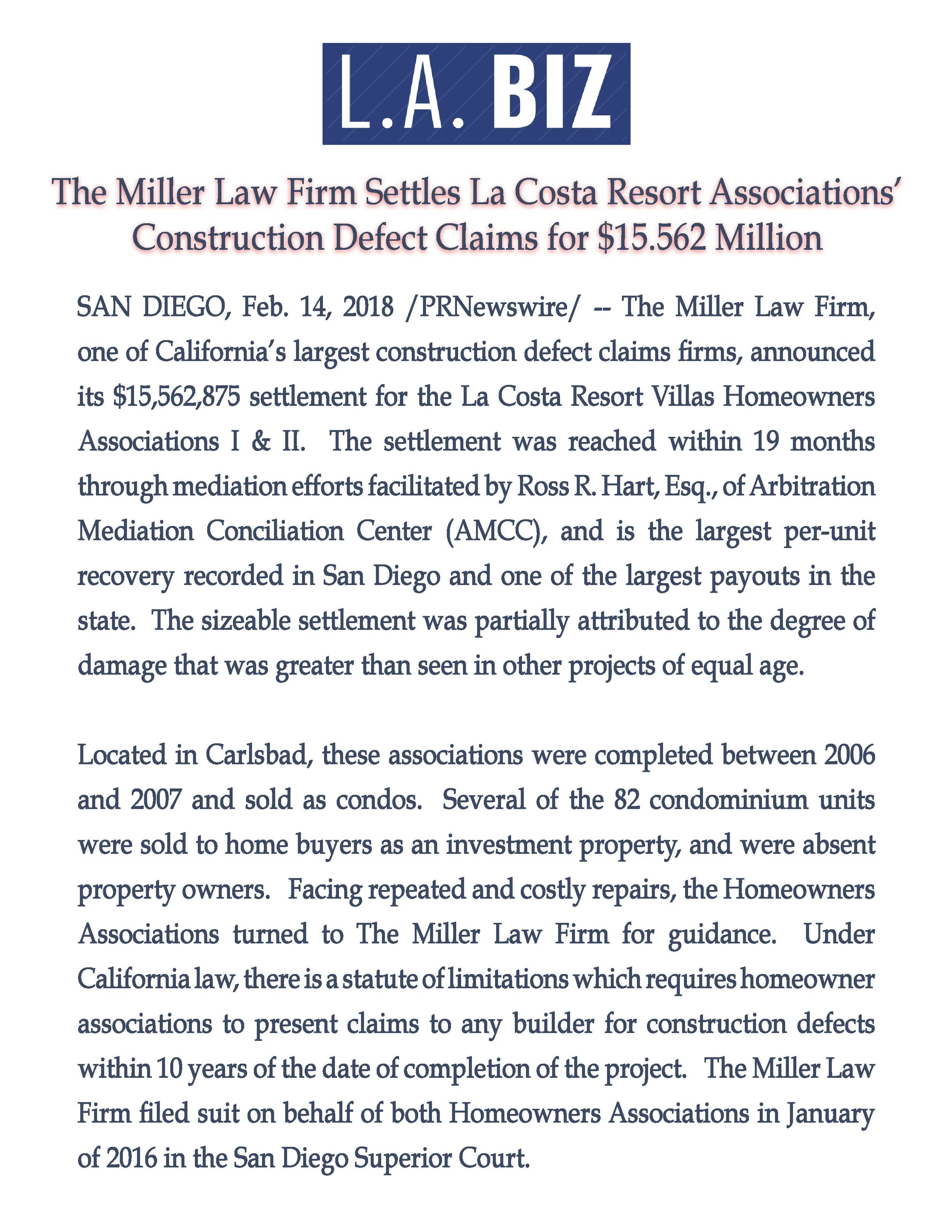 The Miller Law Firm Settles La Costa Resort Associations' Construction Defect Claims for $15.562 Million