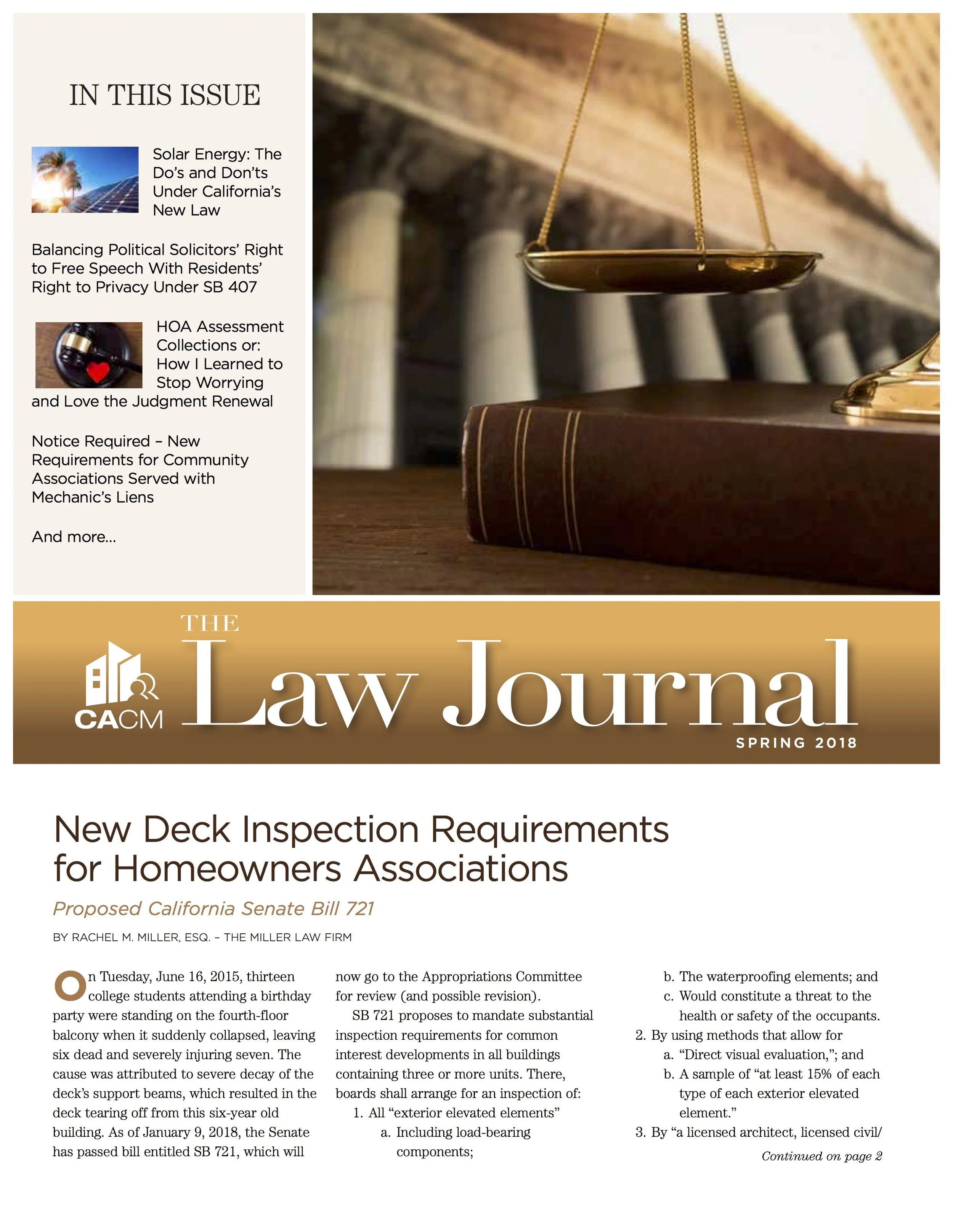 California Association of Community Managers Law Journal Spring Edition - New Deck Inspection Requirements for Homeowners Associations