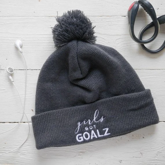 Gray Girls Got Goalz Pom Pom Beanie