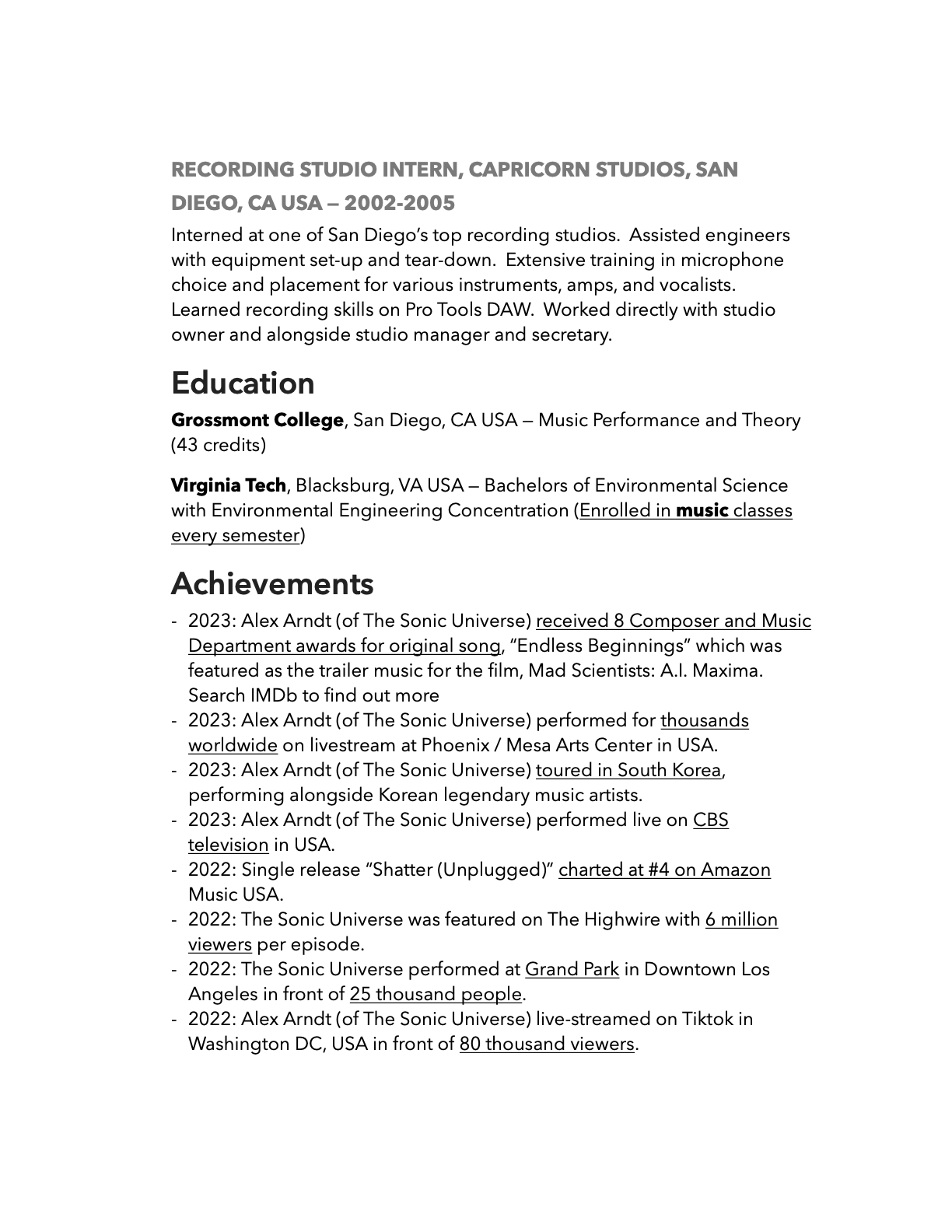 Resume The Sonic Universe Official - Alex Arndt Music Resume 2023 Extended Chronilogically For Website.3 