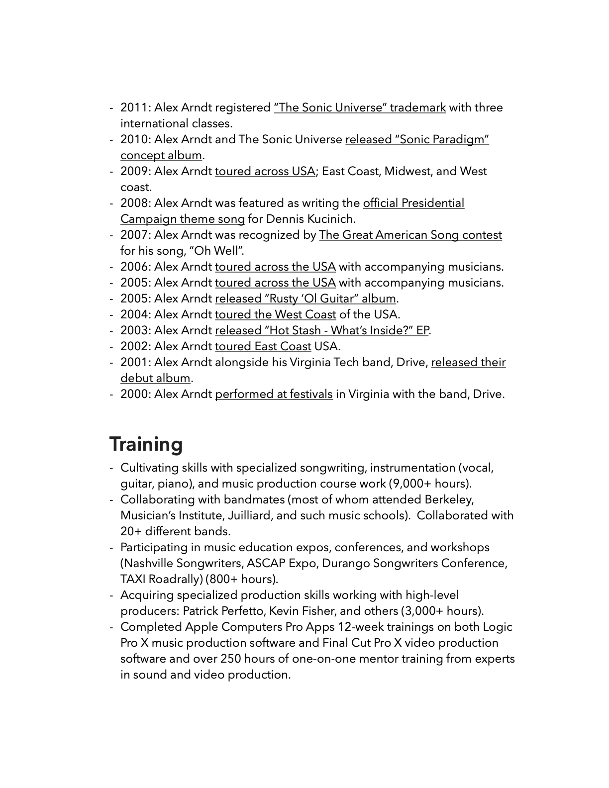 Resume The Sonic Universe Official - Alex Arndt Music Resume 2023 Extended Chronilogically For Website.5 