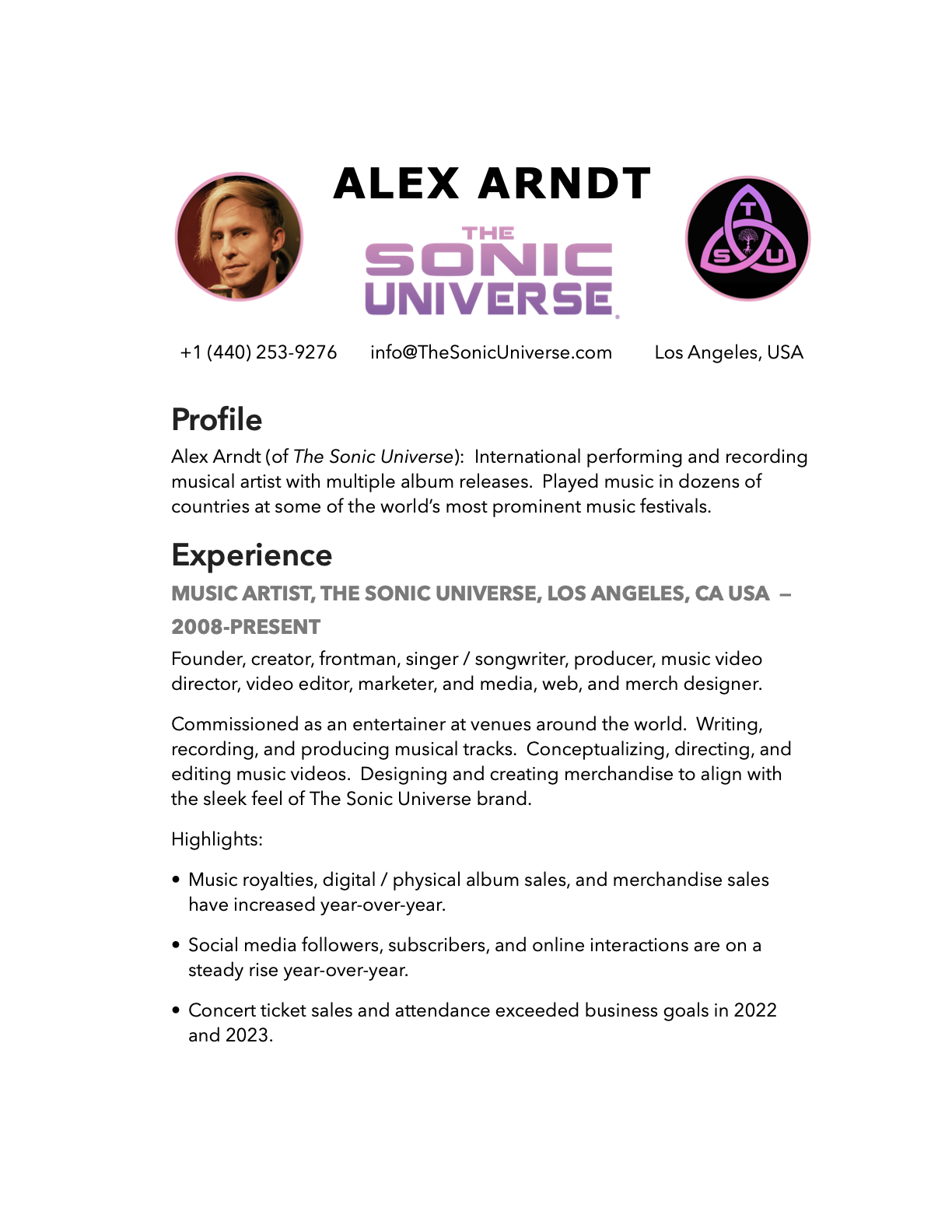 Resume The Sonic Universe Official - Alex Arndt Music Resume 2023 Extended Chronilogically For Website.1 