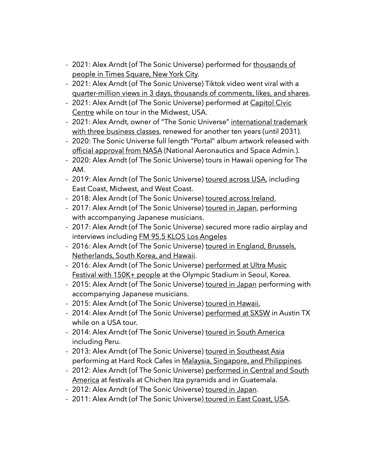 Resume The Sonic Universe Official - Alex Arndt Music Resume 2023 Extended Chronilogically For Website.4 