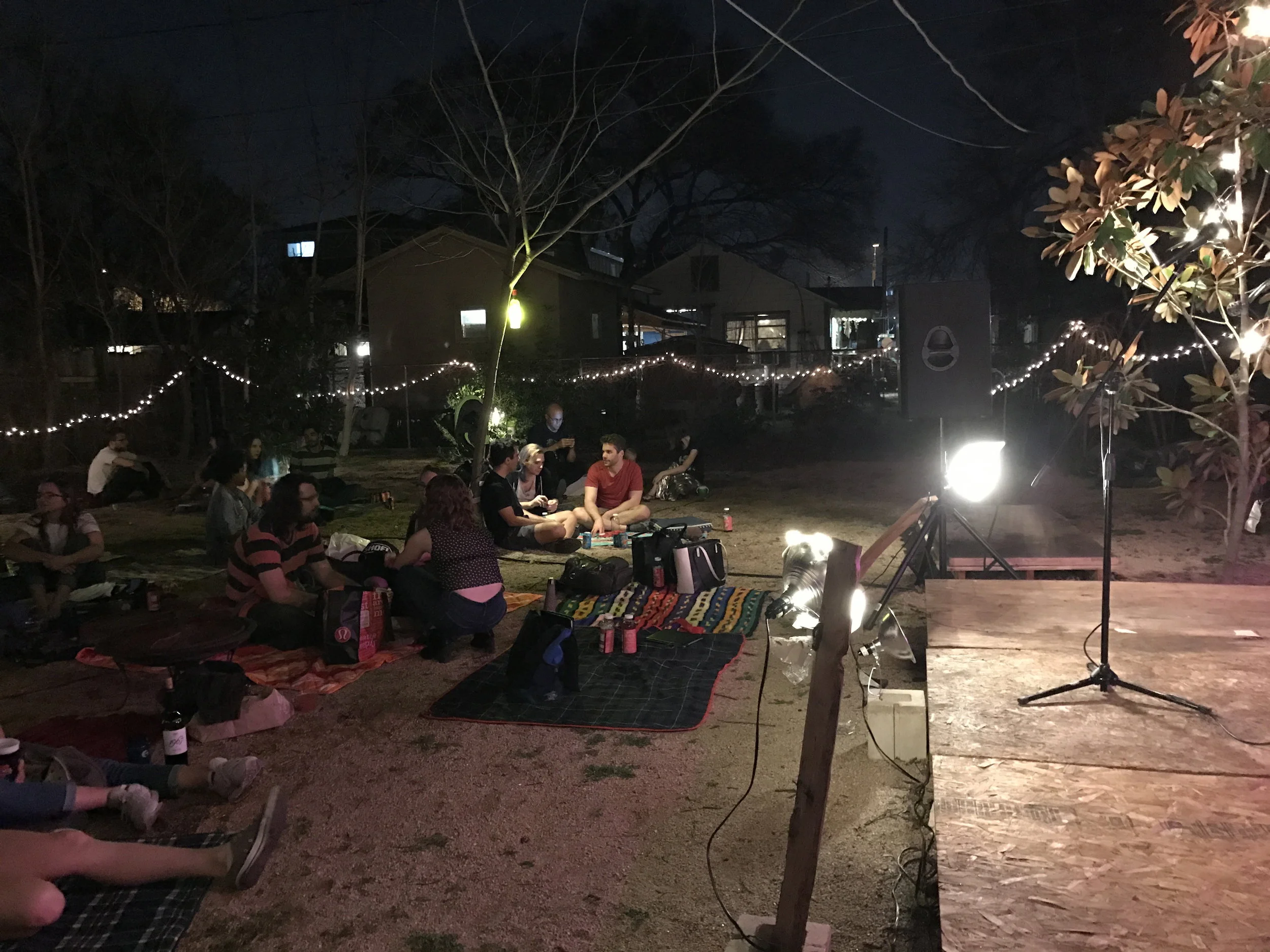 A local storytelling event held in someones back yard was well attended. 