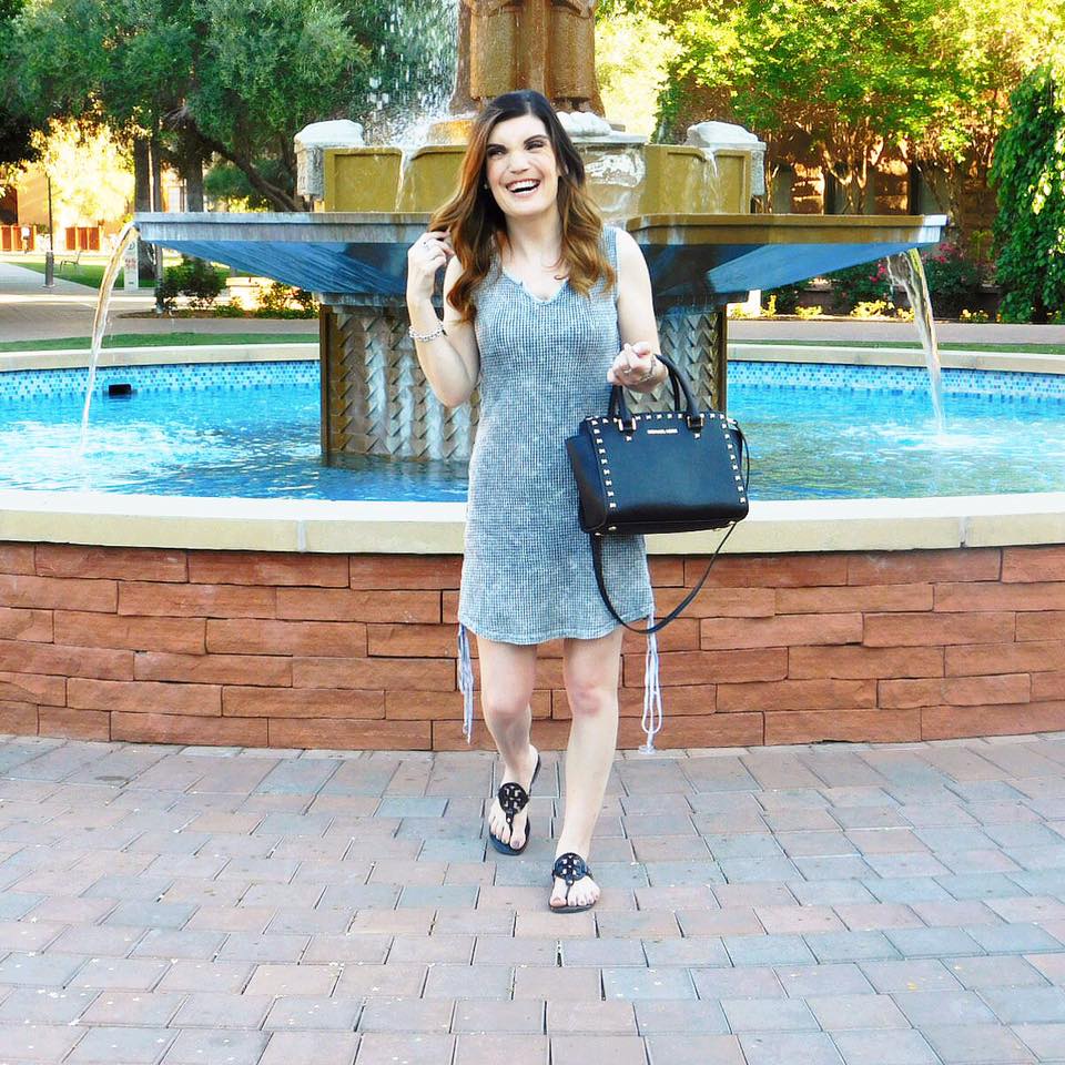 Grey Dress and Tory Burch Sandals — Girl Talk & Glamour