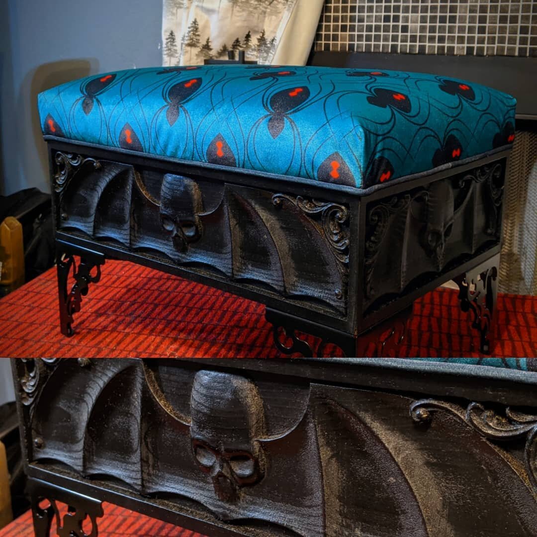 Brand new item! Our Custom Gothic Carved Ottoman is available in over 500 in-house created designs! #halloween #halloweendecor #spookydecor #spoonflowerfabric