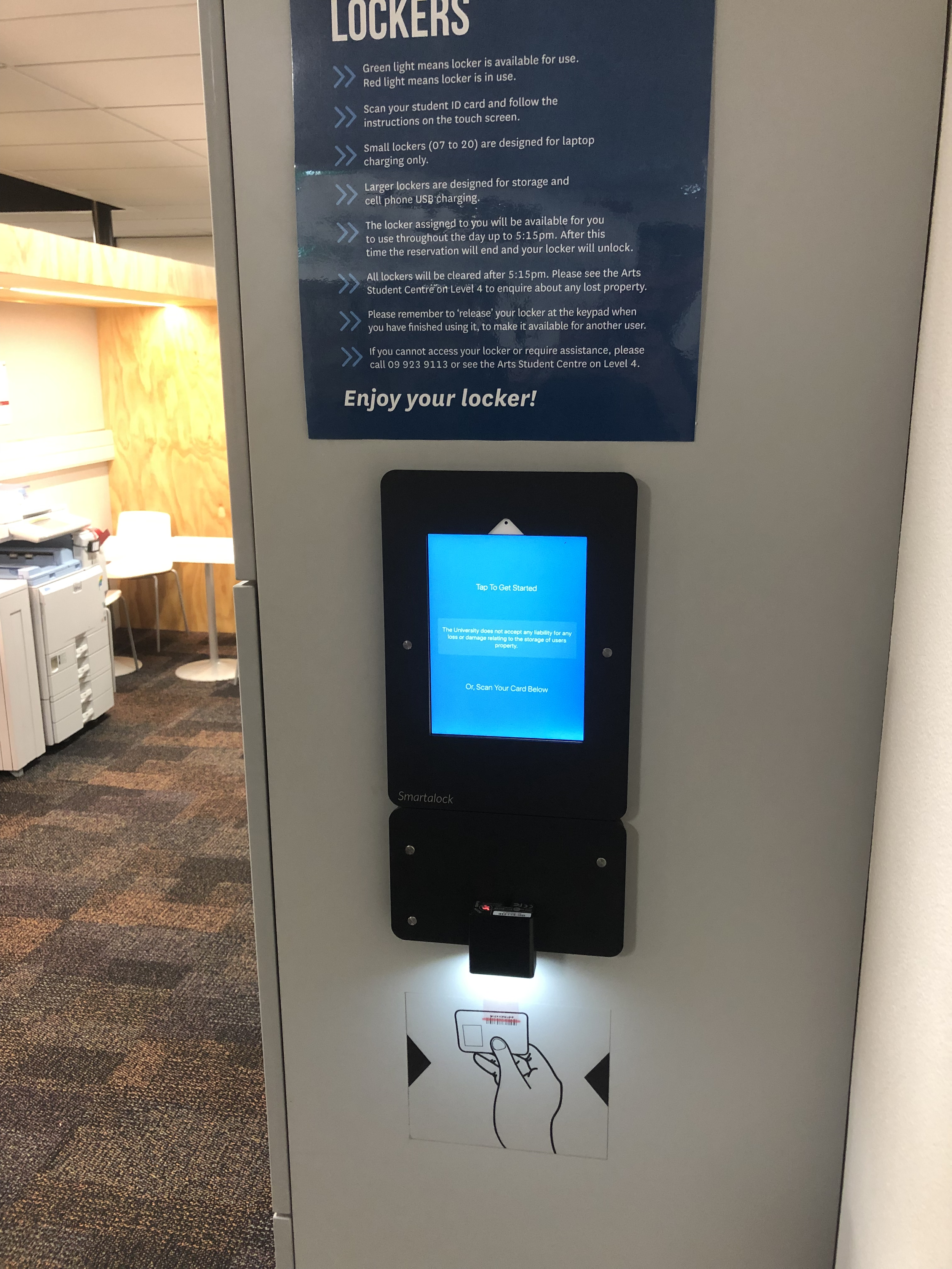 The standard Smartalock card reader has been replaced with a Student ID barcode reader. The Smartalock controller is flexible and supports all manner of swipe card, biometric and barcode type readers - including any of the CCID standard or proprietary readers such as HID or Gallagher Bluetooth readers.