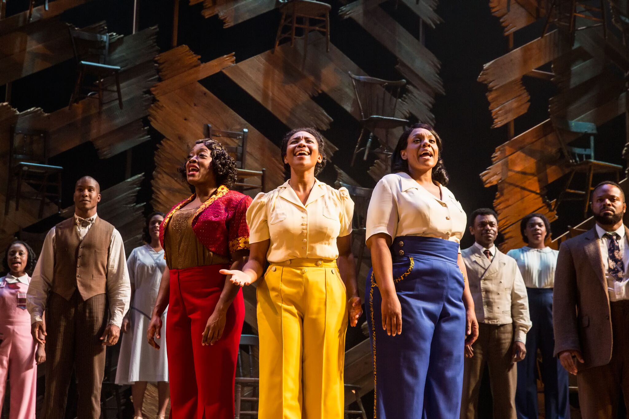 Carla R. Stewart (Shug Avery), Adrianna Hicks (Celie) and Carrie Compere (Sofia) and the North American tour cast of THE COLOR PURPLE. Photo by Matthew Murphy, 2017
