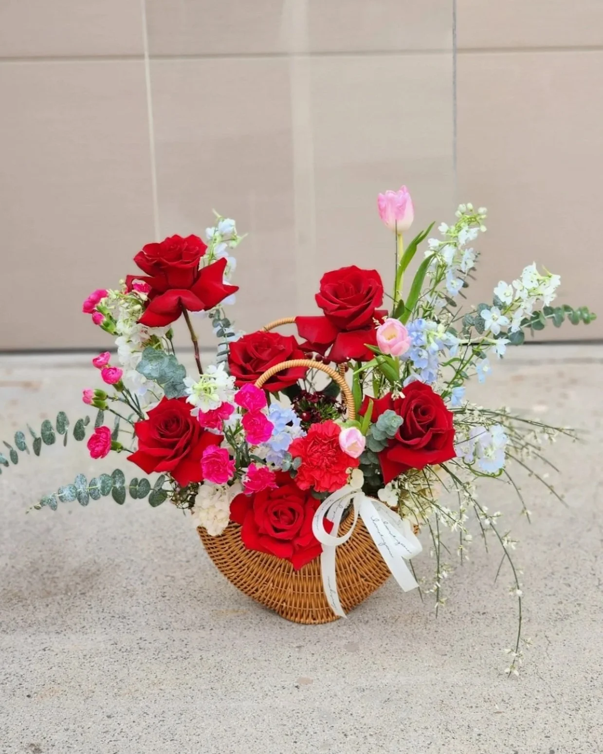 Valentine's Delight: Red & Blue Floral Basket