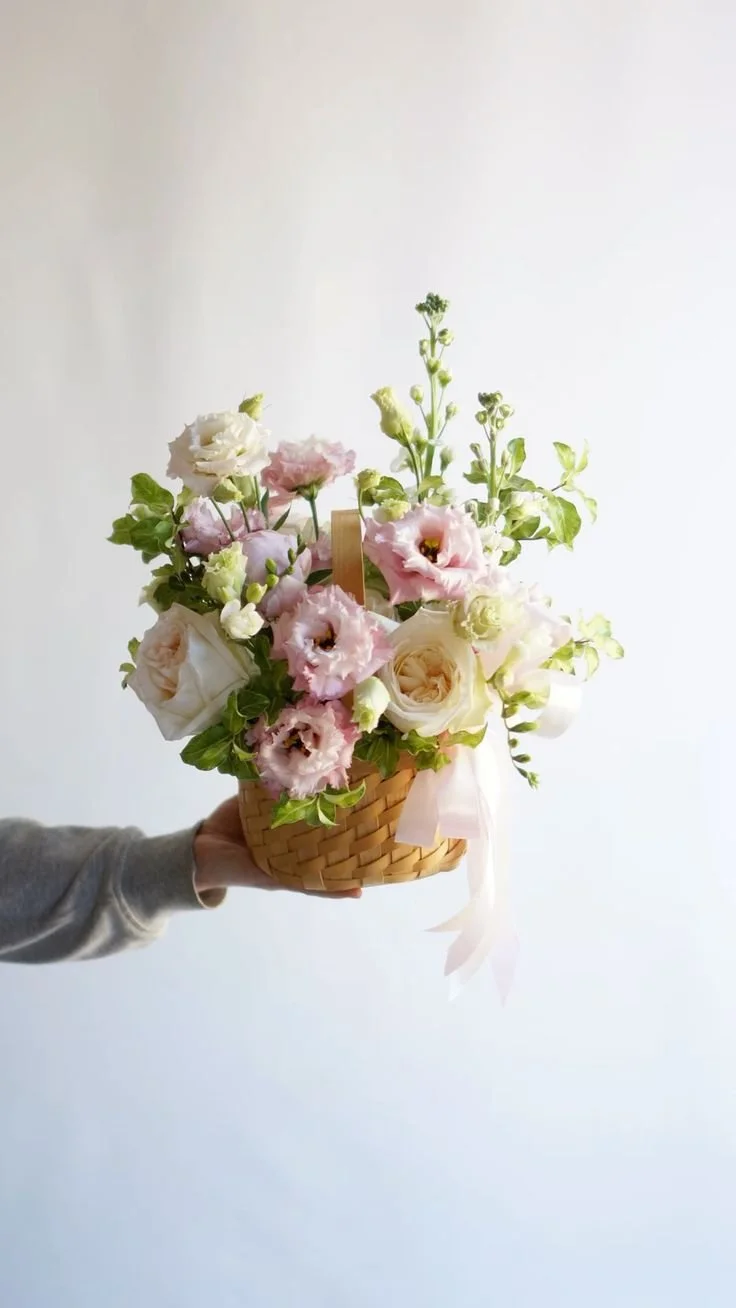 Pastel White and Blush Floral Basket Arrangement
