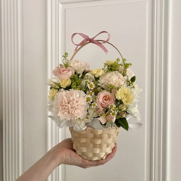 Blush & Yellow Floral Basket Arrangement