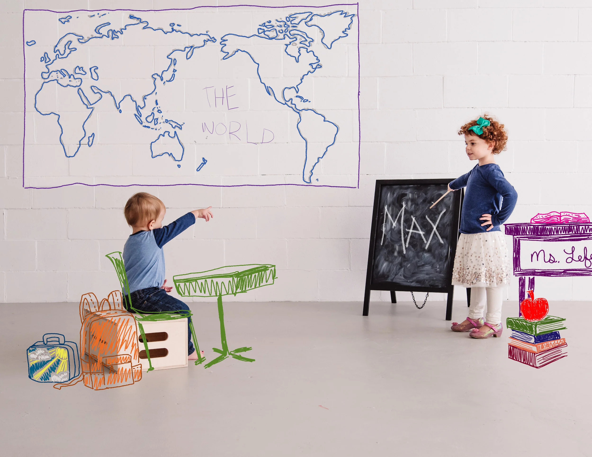 Cora teaches Max all about letters. Another great part of this project was that Cora was able to participate. She wrote “Max” and “The World” on the map, and helped color in different scenes on my Surface Book.