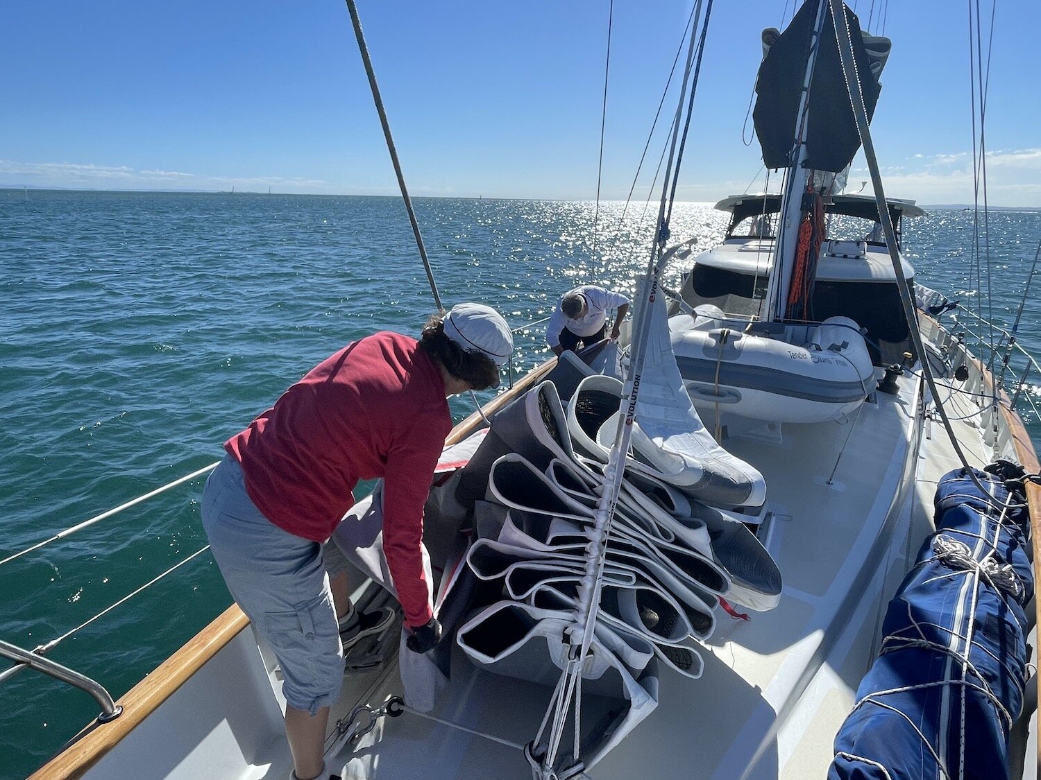 Hoisting the carbon heavy weather staysail