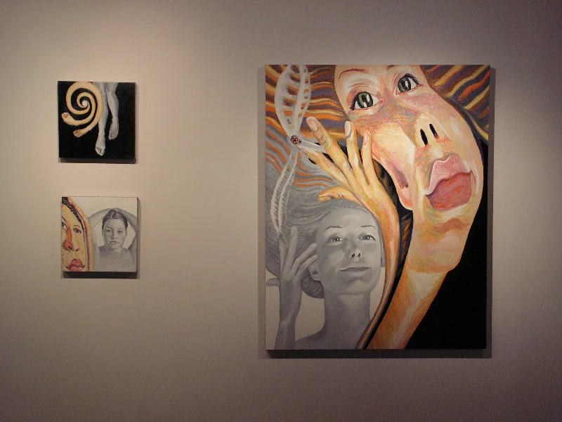 Install shot of the grisaille +color “distorted portraits” 