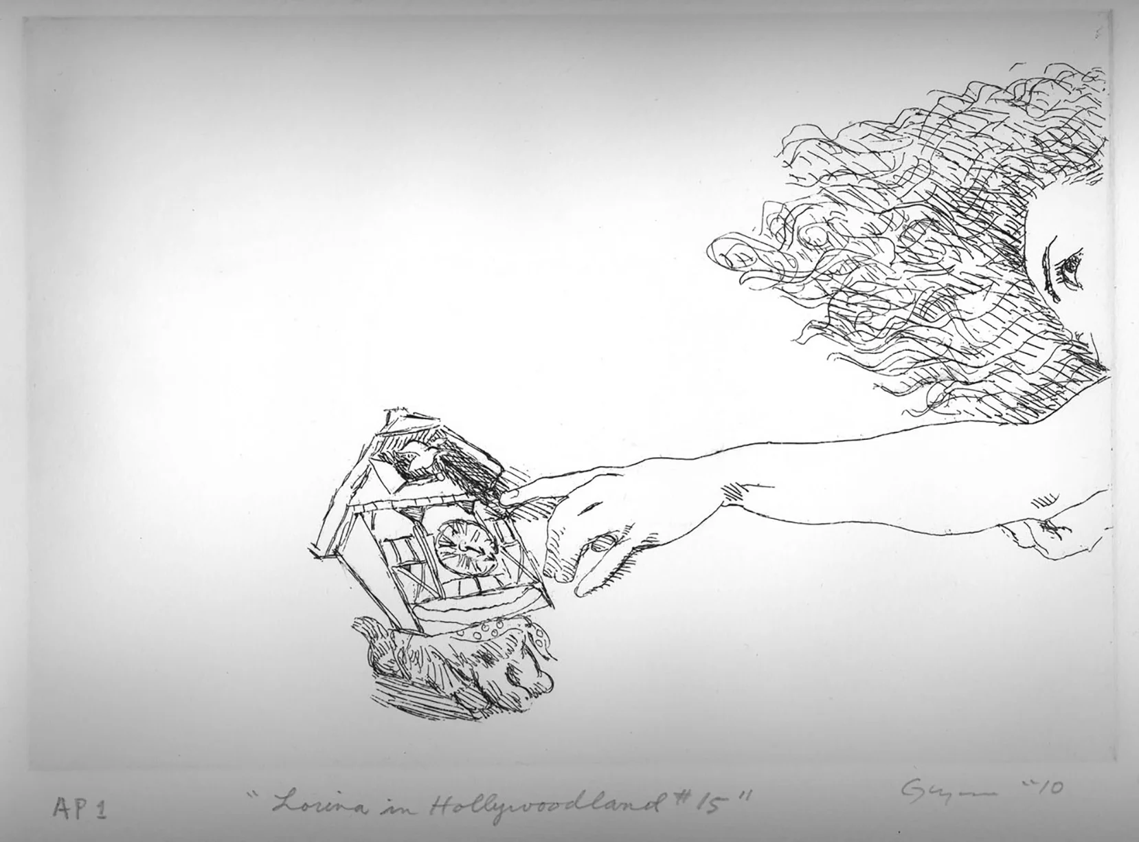 Etching #15 from the suite "Lorina in Hollywoodland" from 2010- each of 20 different etchings are 7" x 10" (image area)