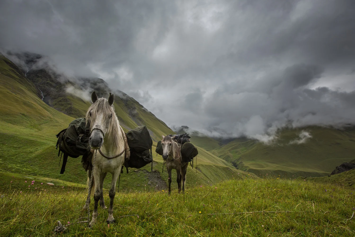 Caucasus Mountains, Georgia, August 2014. Another tough hike. The moment we started moving, sky opened above us. for 48 hours we had rain pouring on us in just above freezing temperatures. Everything we had on us was wet including sleeping bags and tents. The fist night camping, I got lost in the fog. It was incredibly tough hike but once the sky cleared up, part of me was disappointed to lose these moody skies …