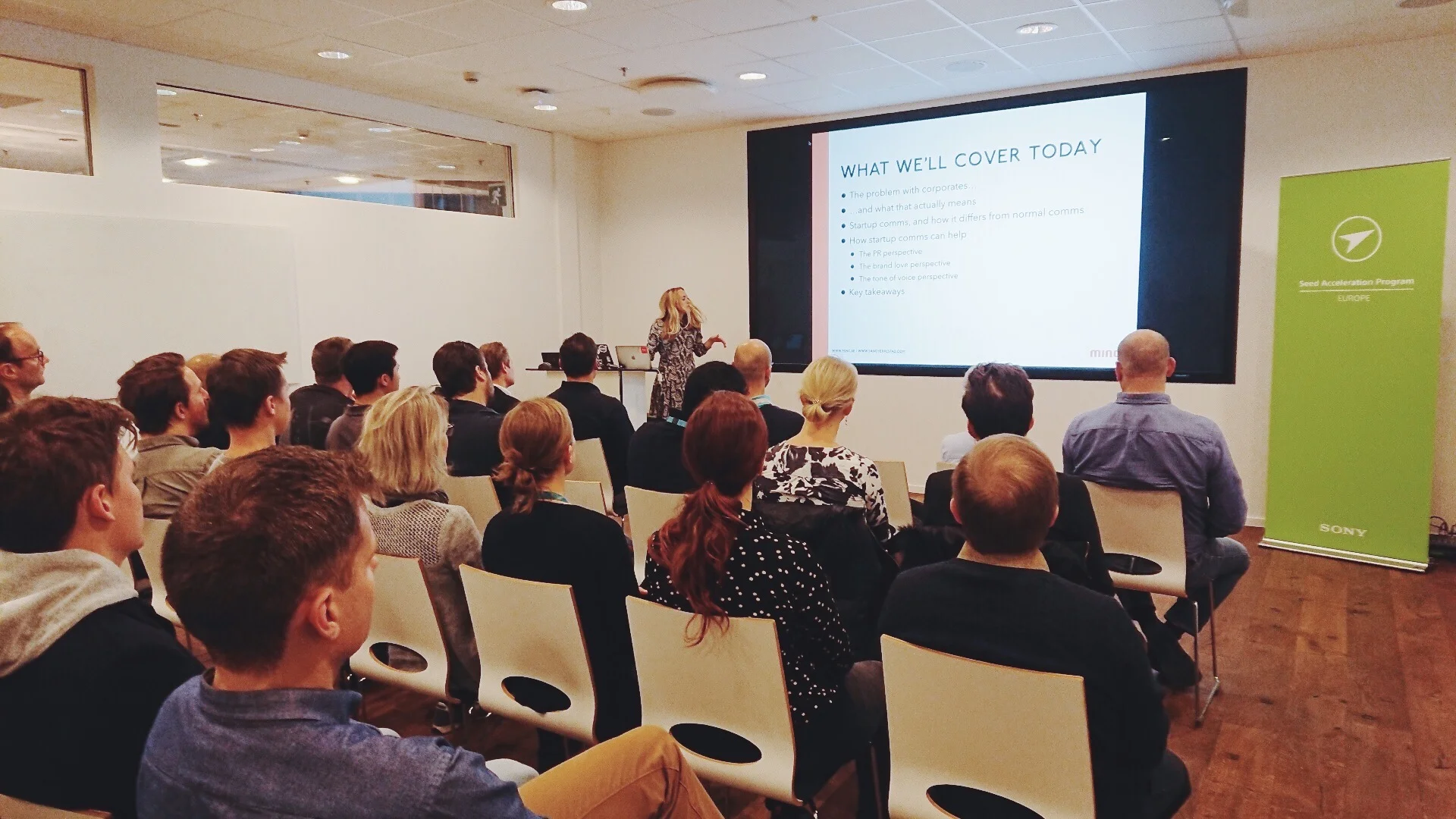 Giving a talk at Sony on all things startup comms, December 2017.