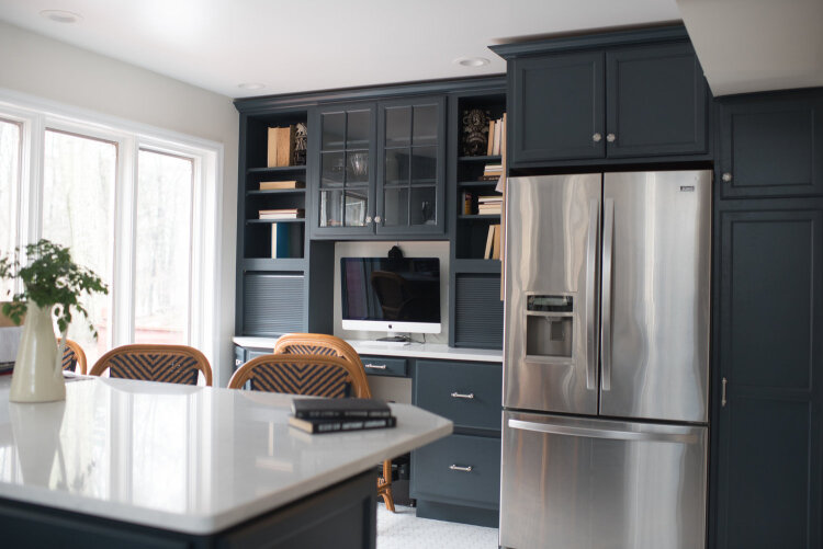 jennifer lynn interiors ulster park home makeover built in shelving open concept navy kitchen 12401