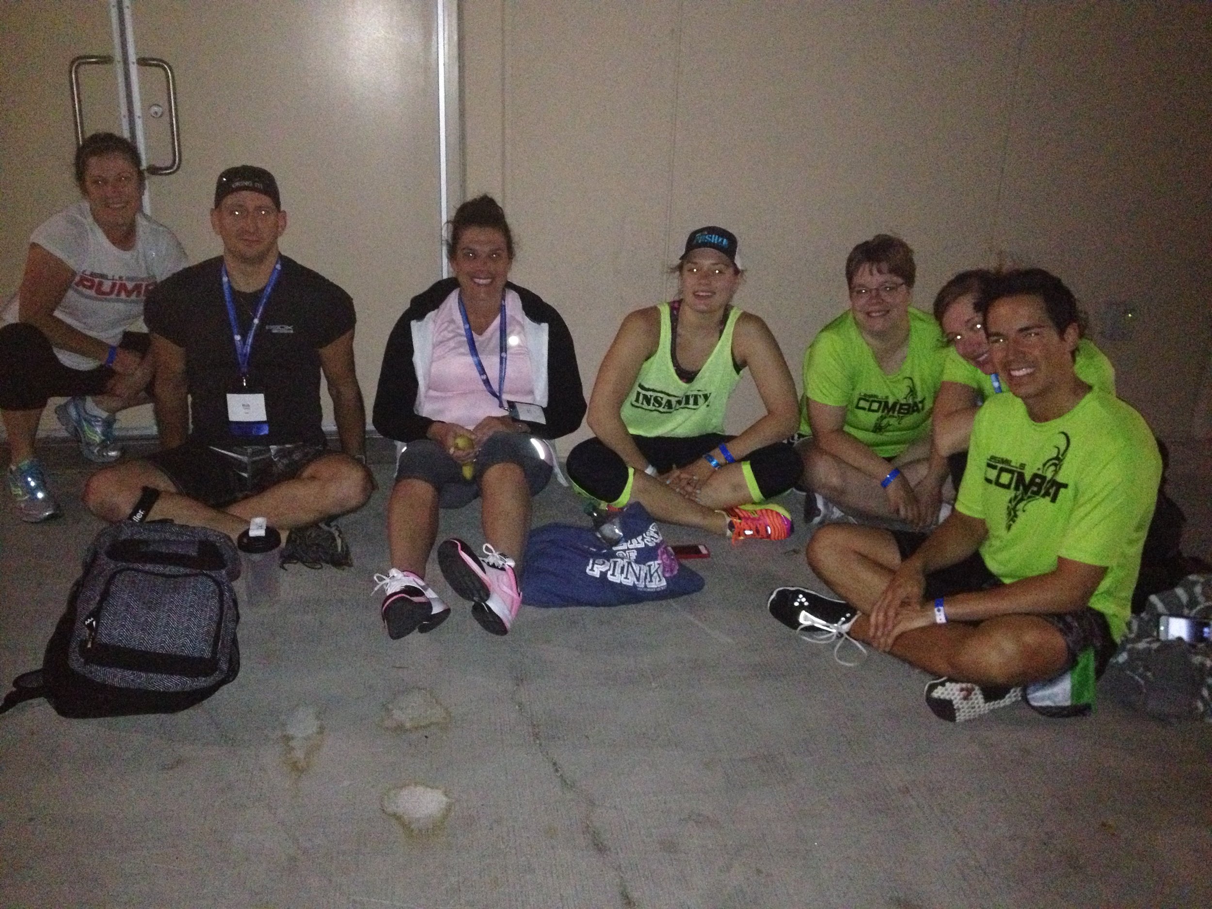 Waiting in line for Combat. It's 4 am. Yes, we are smiling.