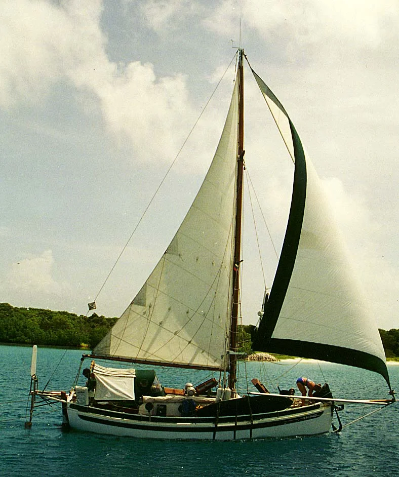 Calypso, under sail off the coast of Venezuela, 1994.