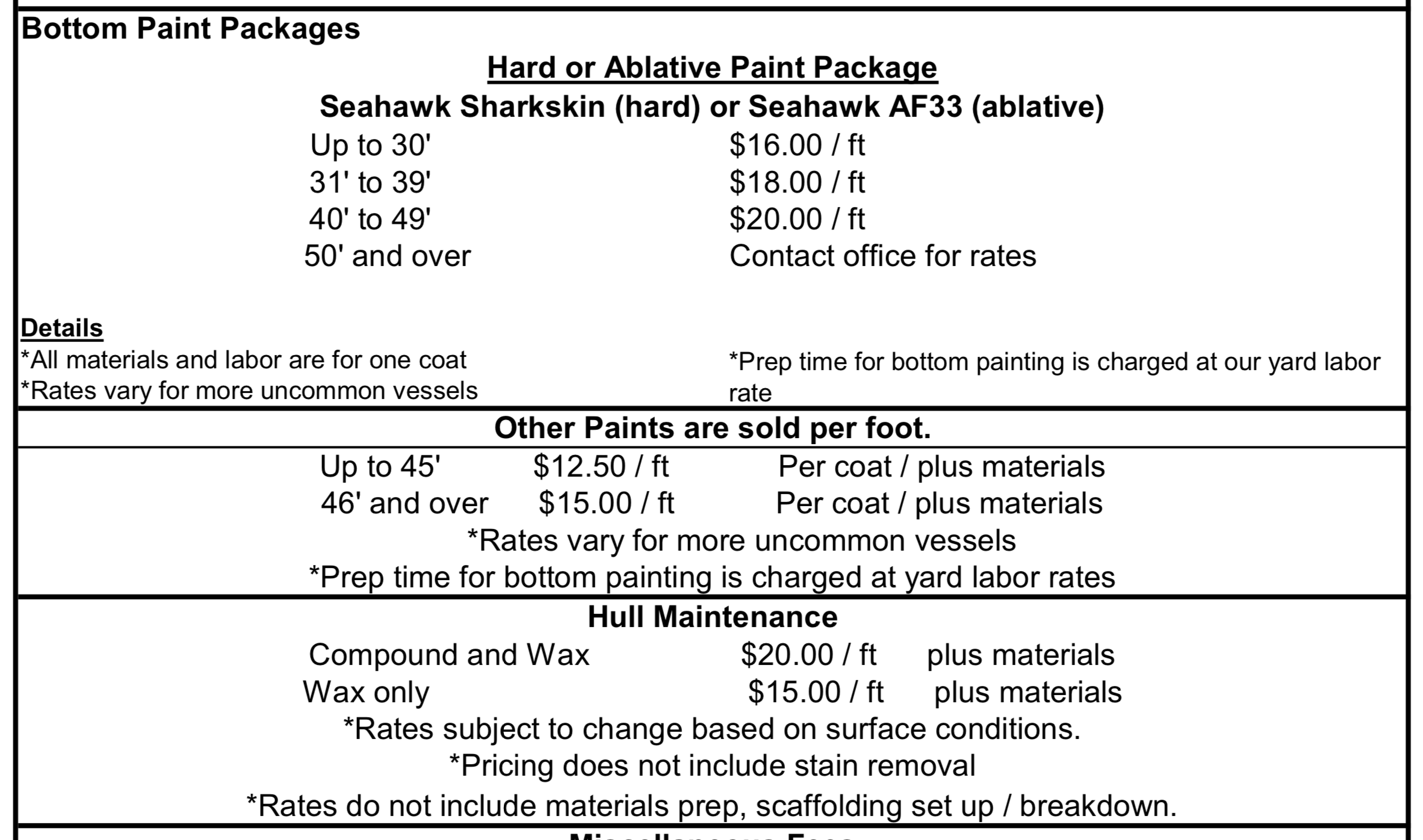 Screen shot of rate sheet at the yard where we haul.