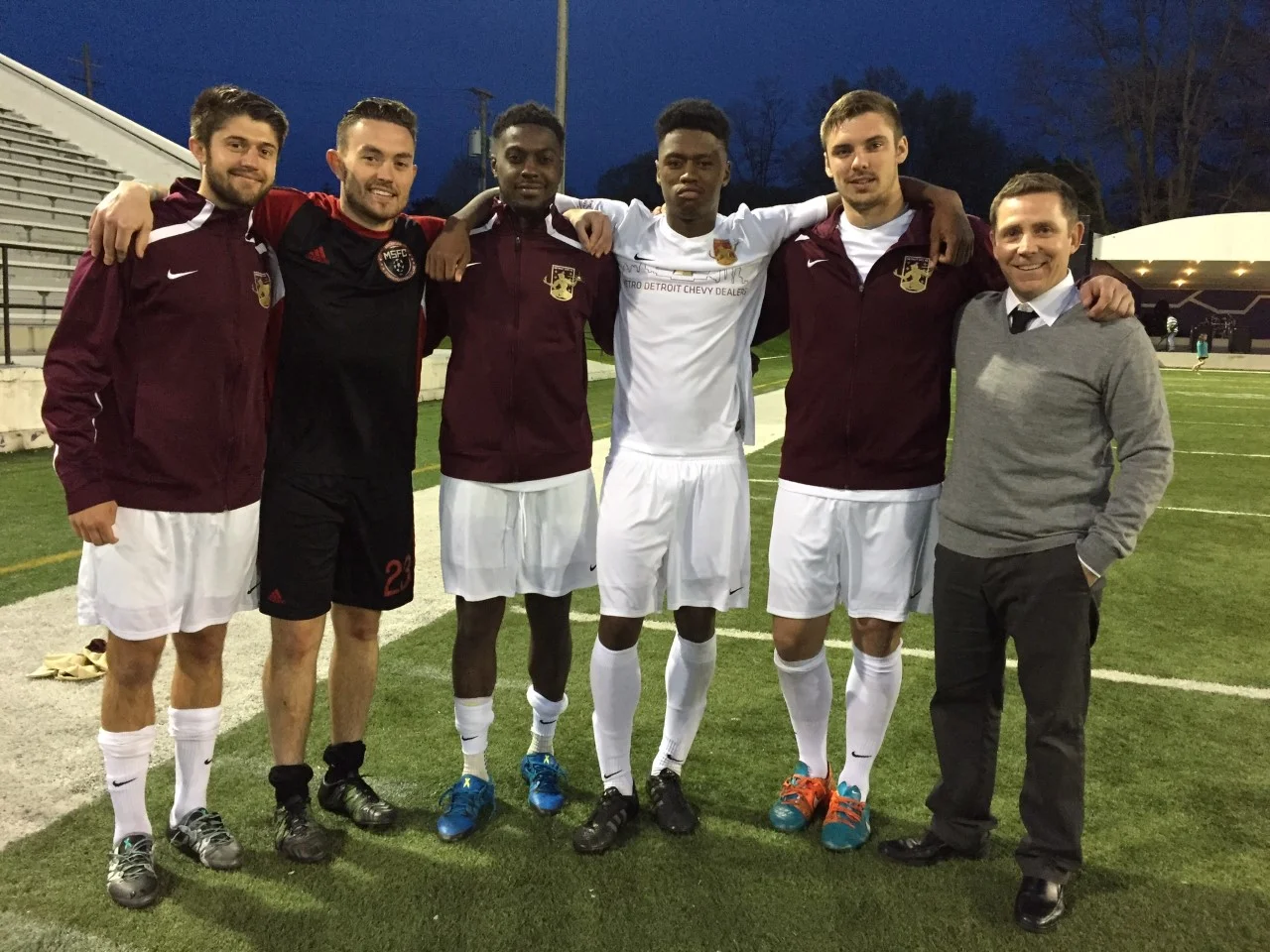 Coach Andy Wagstaff with SVSU players (left to right) TJ Stephens, Michael O'Neill (Women's Head Coach at SVSU), &nbsp;Troy Watson, Omar Sinclair and Tyler Channel
