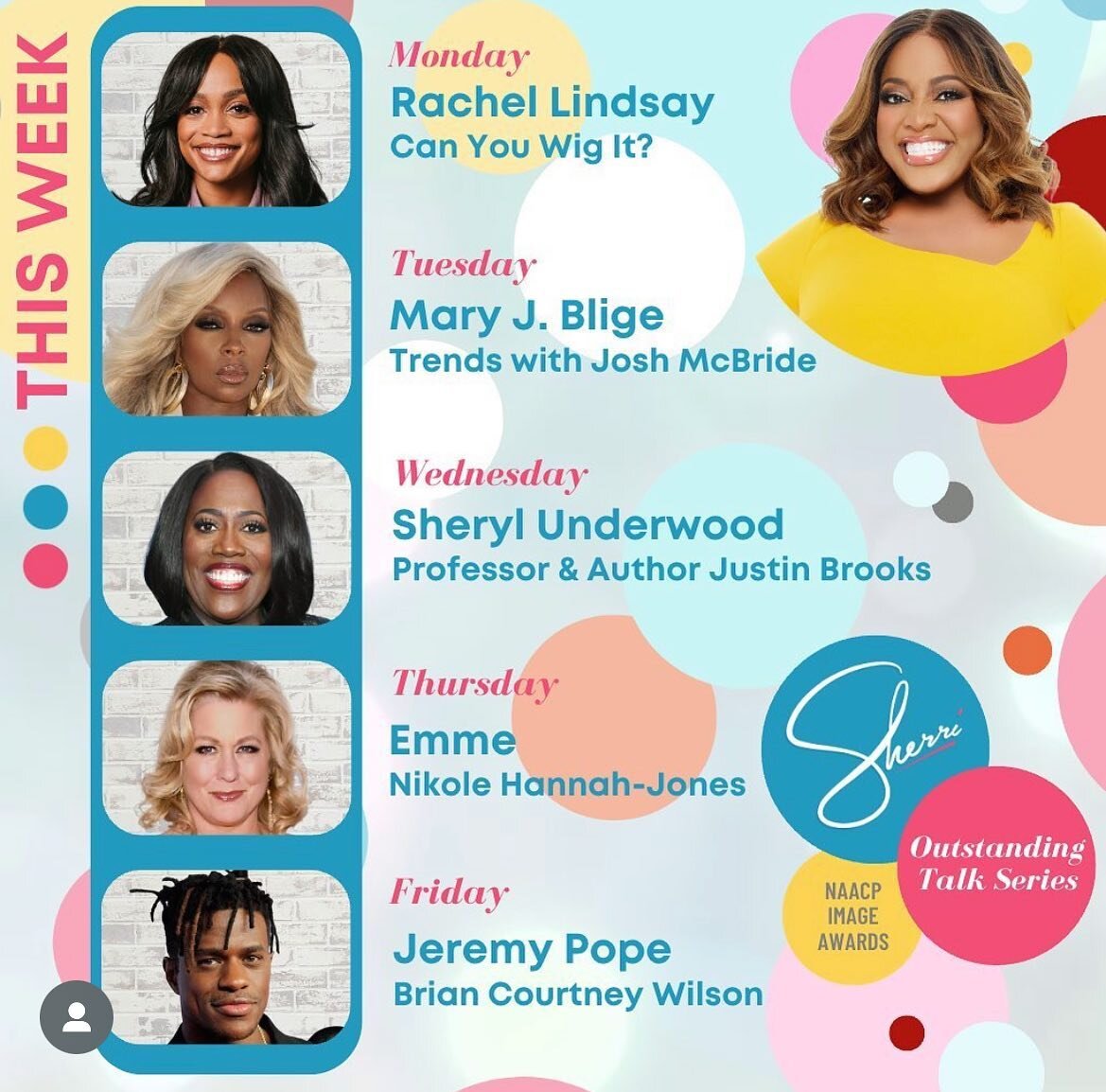 Shout out 📣friends!! 
I&rsquo;m going on the 
Sherri Shepherd Show NAACP Image Awards&rsquo; Outstanding Talk Series🥂on this Thursday!!!

What a journey, so deserved Sherri! Can&rsquo;t wait, we&rsquo;re going to have such a good time🎉

Thank you 
