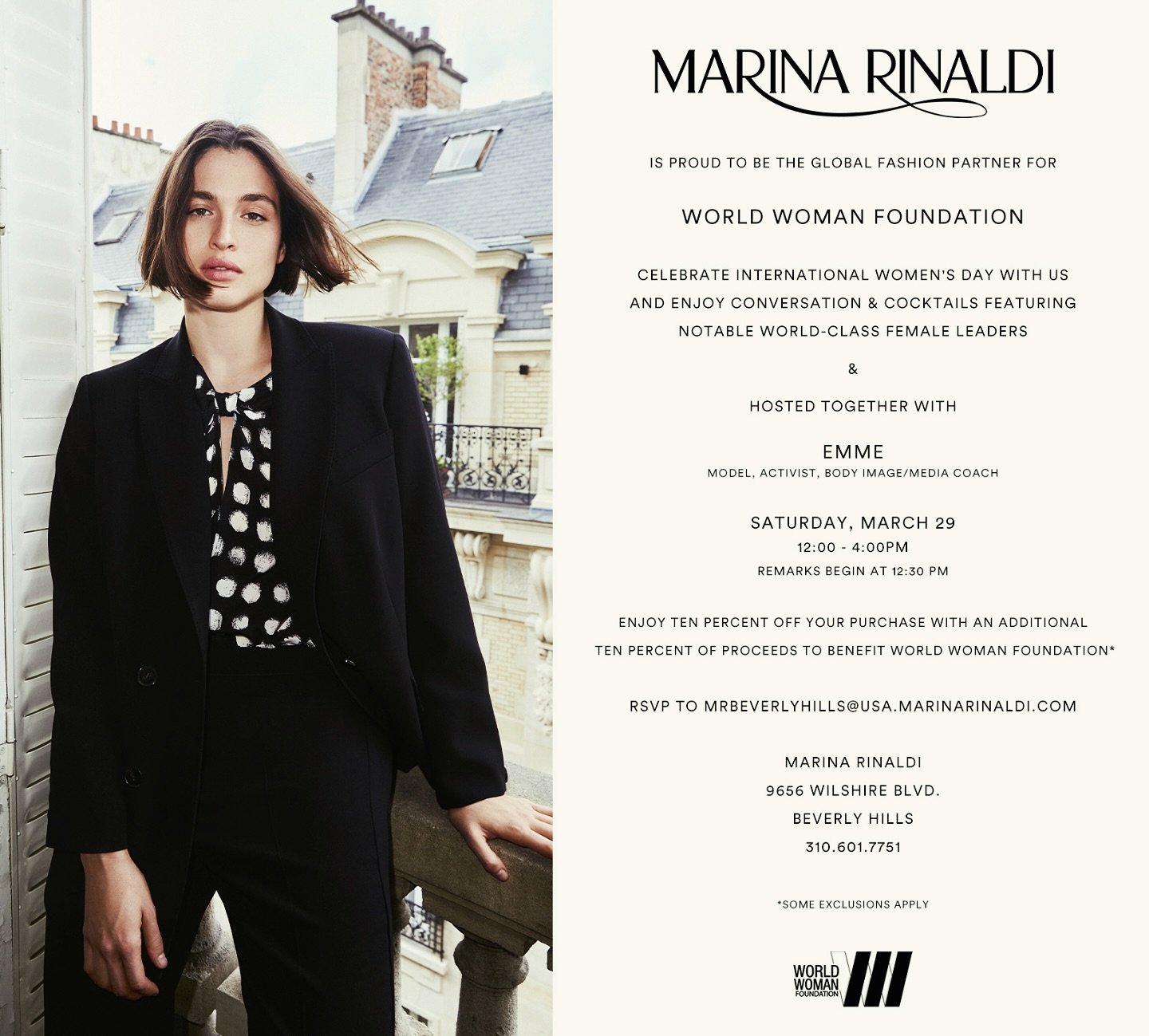 ✨ Mark your calendars! ✨
Join me for an unforgettable afternoon in celebration of International Women&rsquo;s Day on March 29th, from 12-4pm at Marina Rinaldi Beverly Hills!
Picture this: A chic Saturday afternoon filled with fashion, cocktails, and 