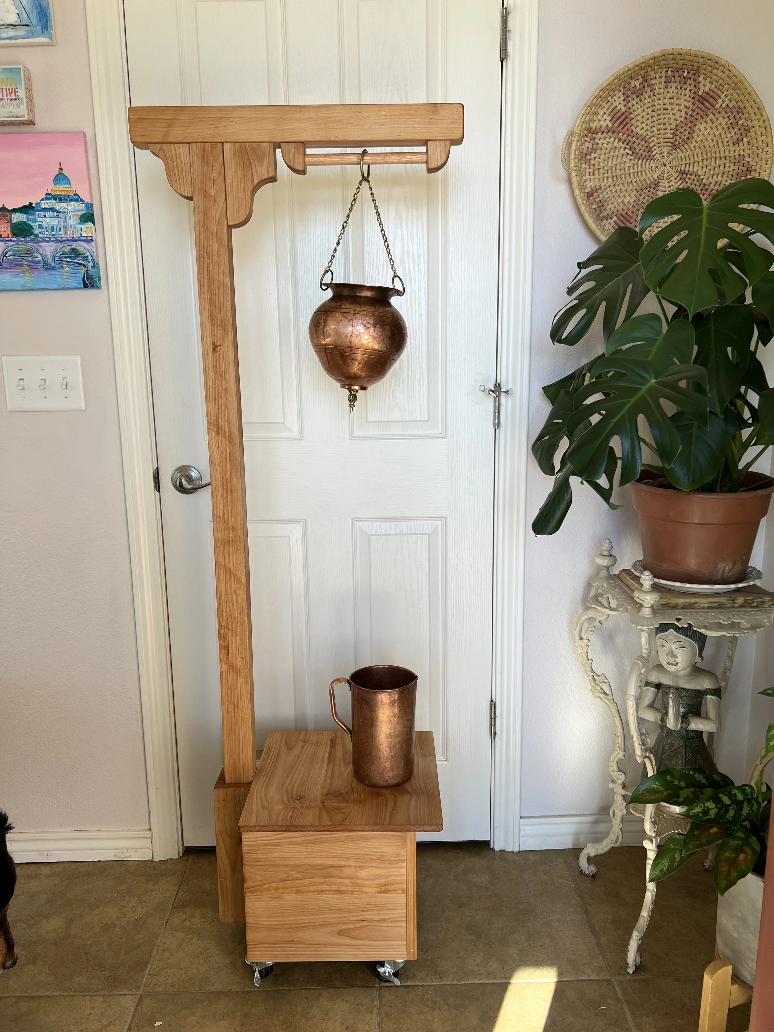 Wooden Shirodhara Stand with copper pot and pitcher.jpg