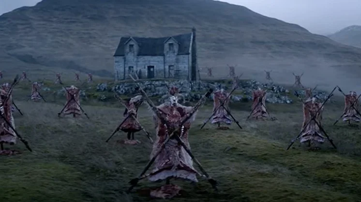 Production Design of Location Built cottage set and foreground prop makes of slughtered sheep dog