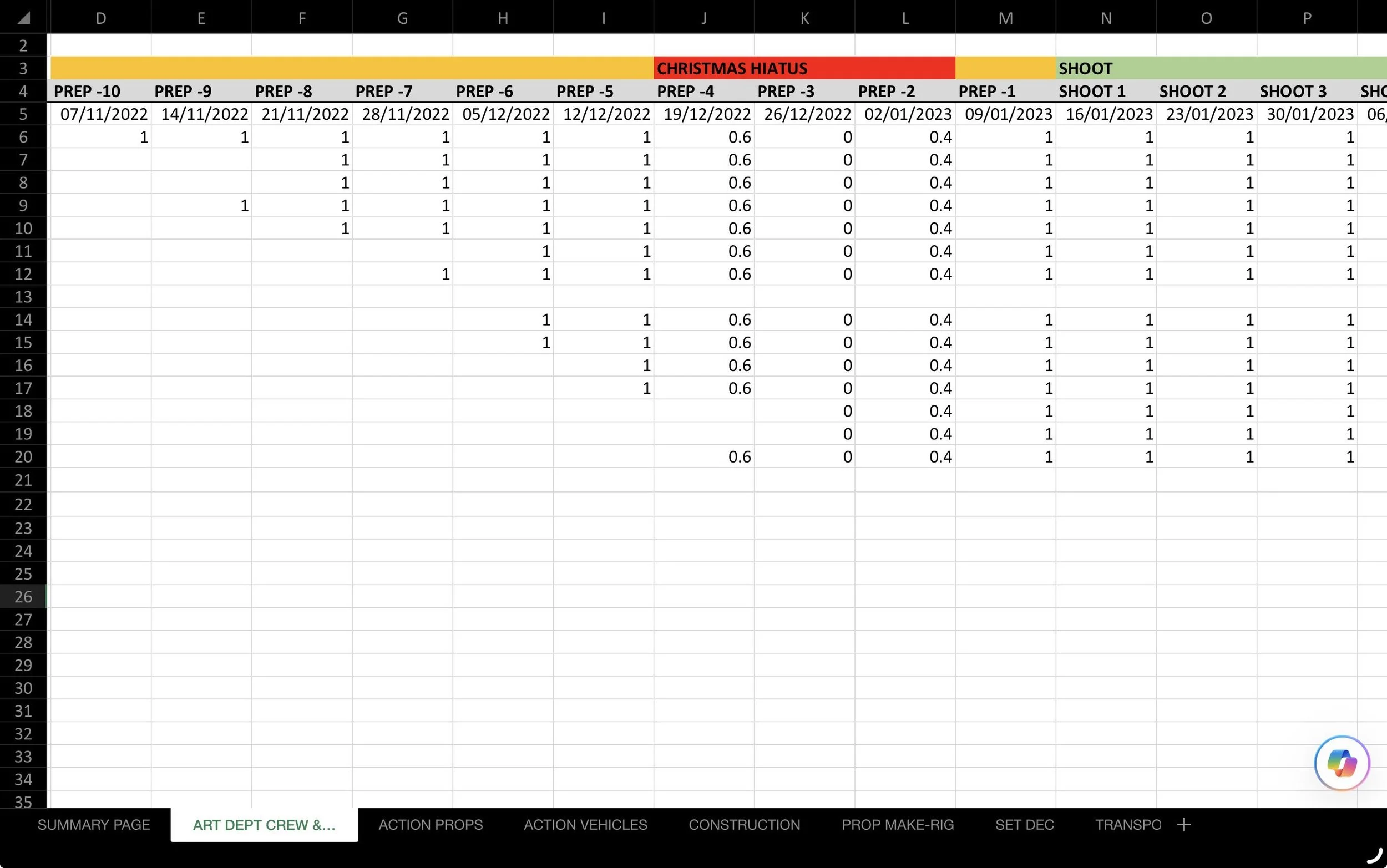 calendar of art department labour
