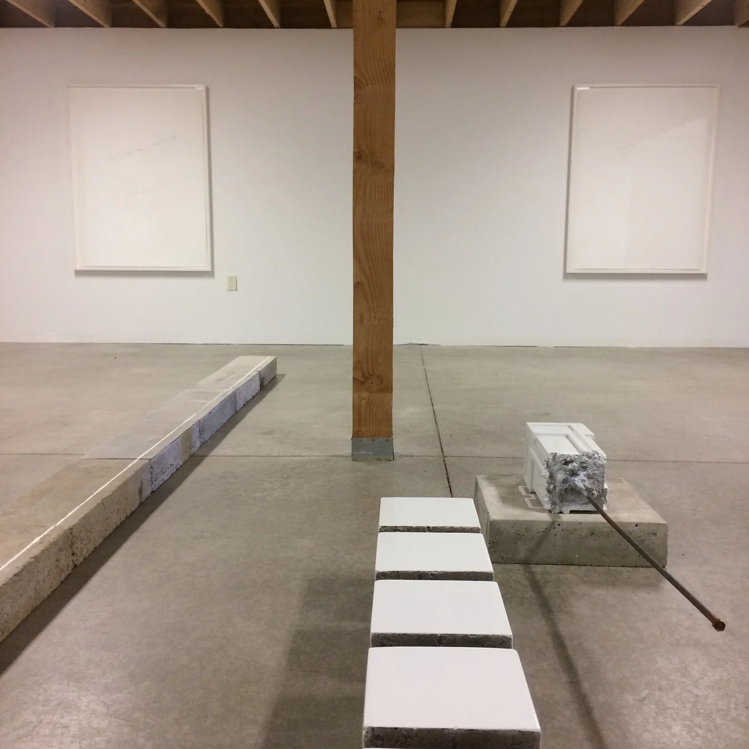  Untitled mixed media works on paper by Michael Diaz  Foundation line and Small Brutal Monument by Tom Miller 