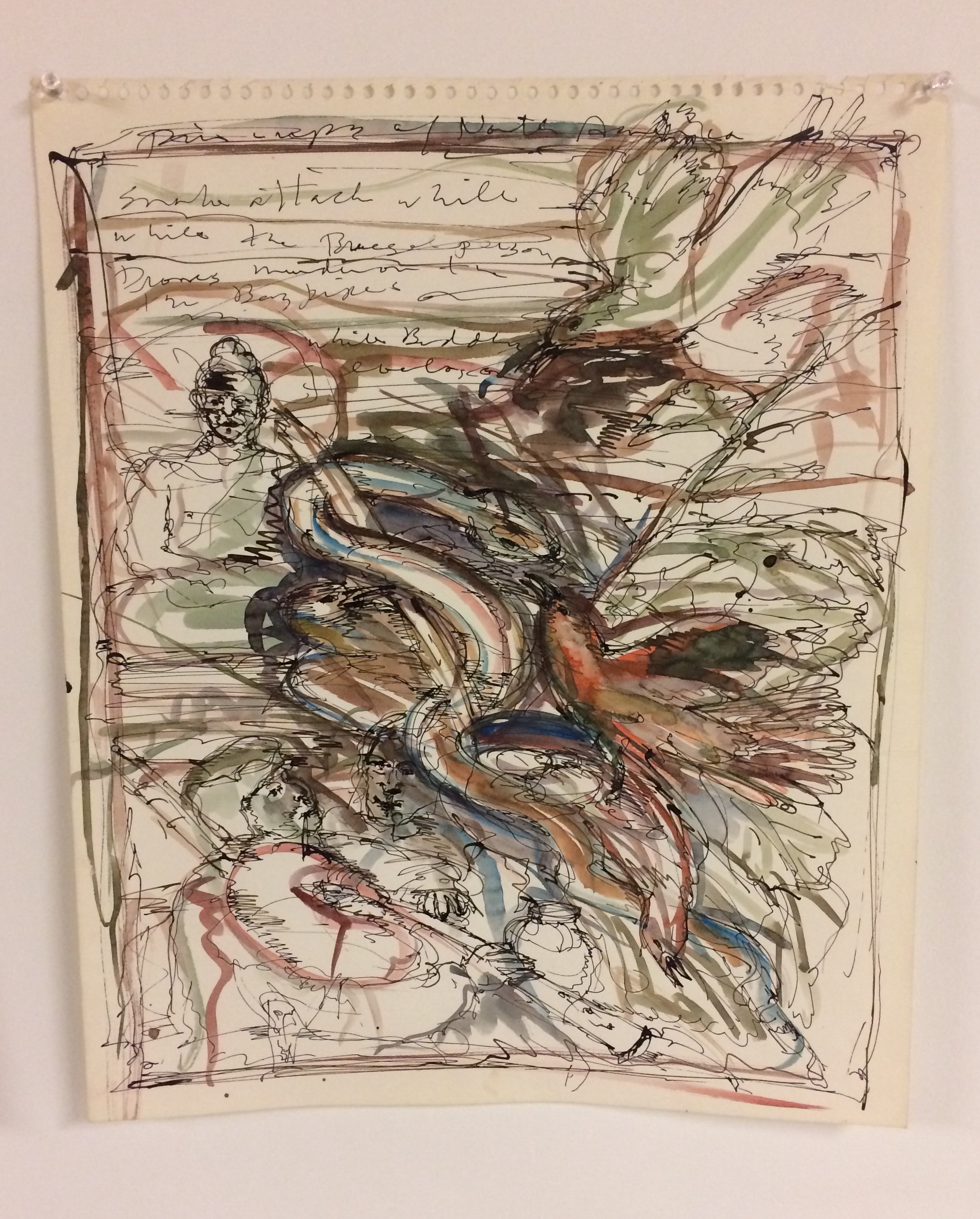 John Connell Snake Attack while the Bruegel Person Drones Murder on the Bag-pipes while Buddha... Ink and watercolor on paper 17 x 14 inches 1977 