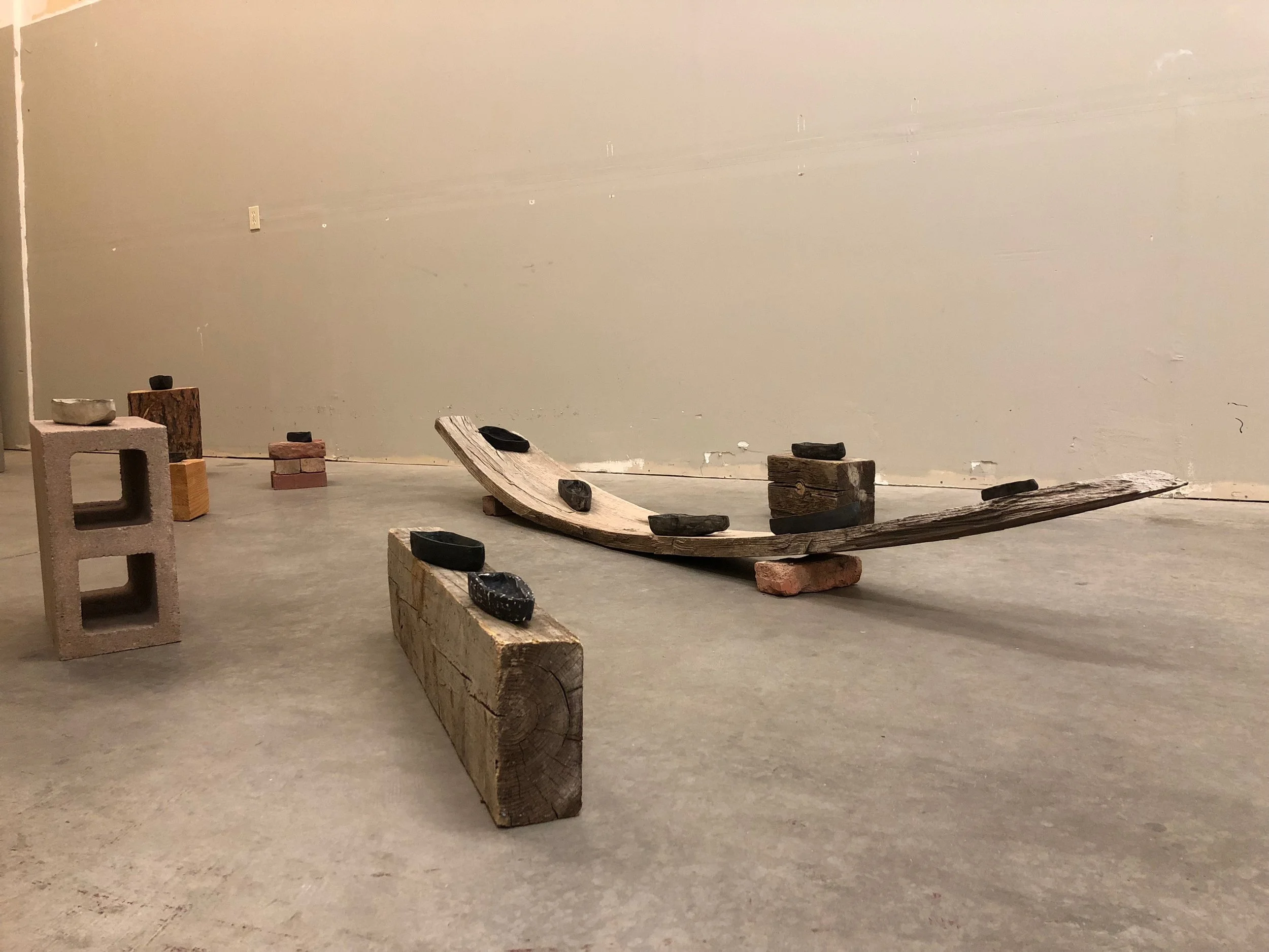  Ilona Pachler In her command sailed 34 black hollow vessels Clay, graphite, pigment, ink, wood, steel, concrete Sizes ranging from 4 ½ x 1 ½ x 1 to 11 ½ x 4 x 2 ¼ inches 2018    