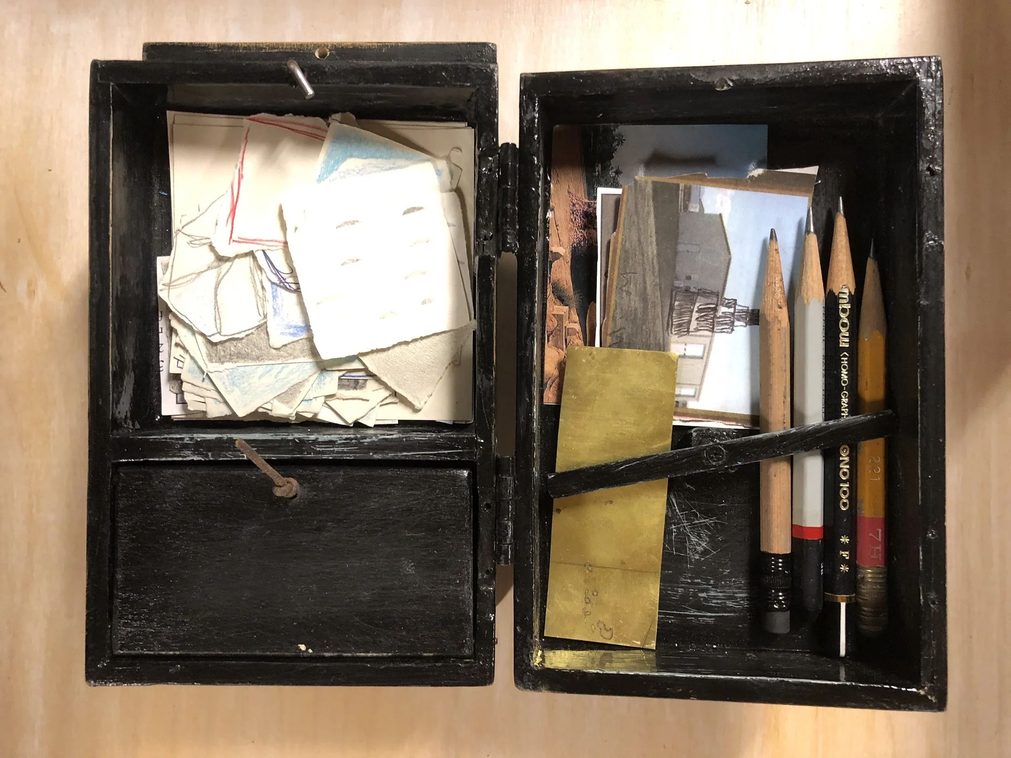 Wes Mills no title 9 ½ x 2 ¼ x 7 ¼ inches Artist made travel box containing drawing materials, paper, completed drawings C 1990’s    