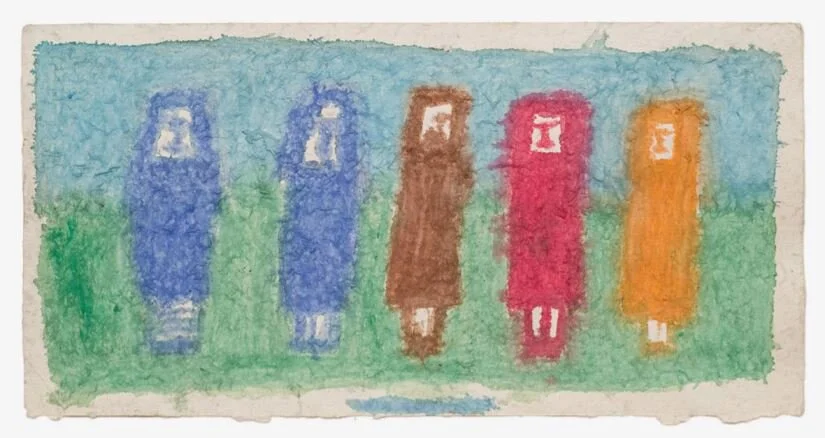  James Castle Untitled (Pulp drawing with five figures)  n.d. Color of unknown origin on found paper 5 1/2 x 11 in   