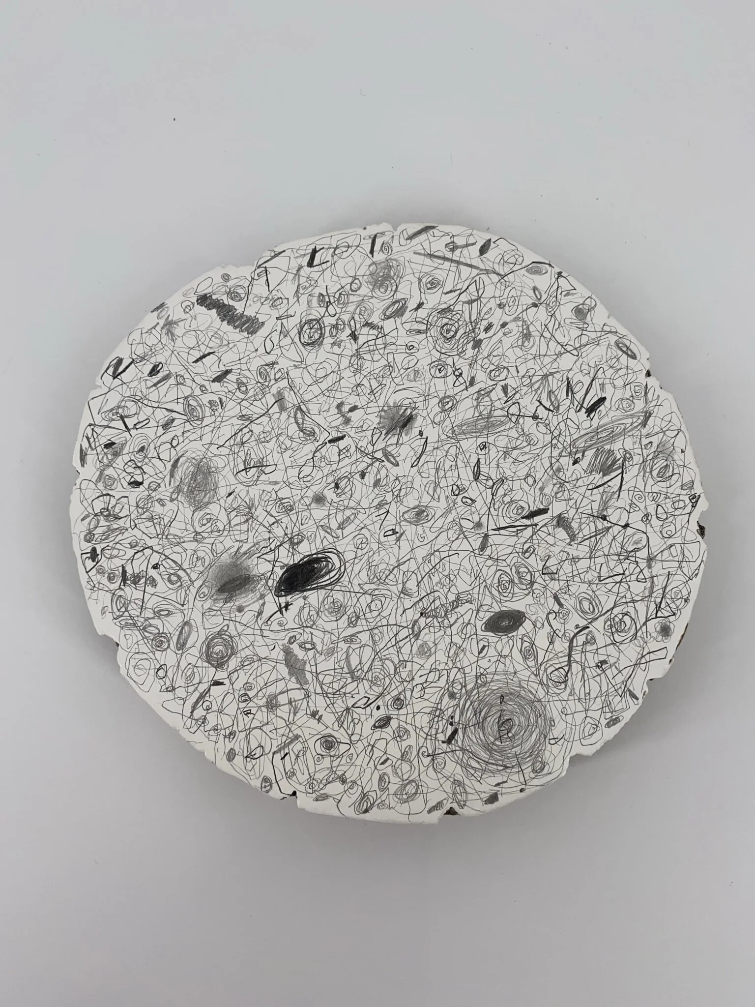  Wes Mills ”firmament” -1 2020 Approx. 7 inches round x 1 inch deep  Graphite painted panel 