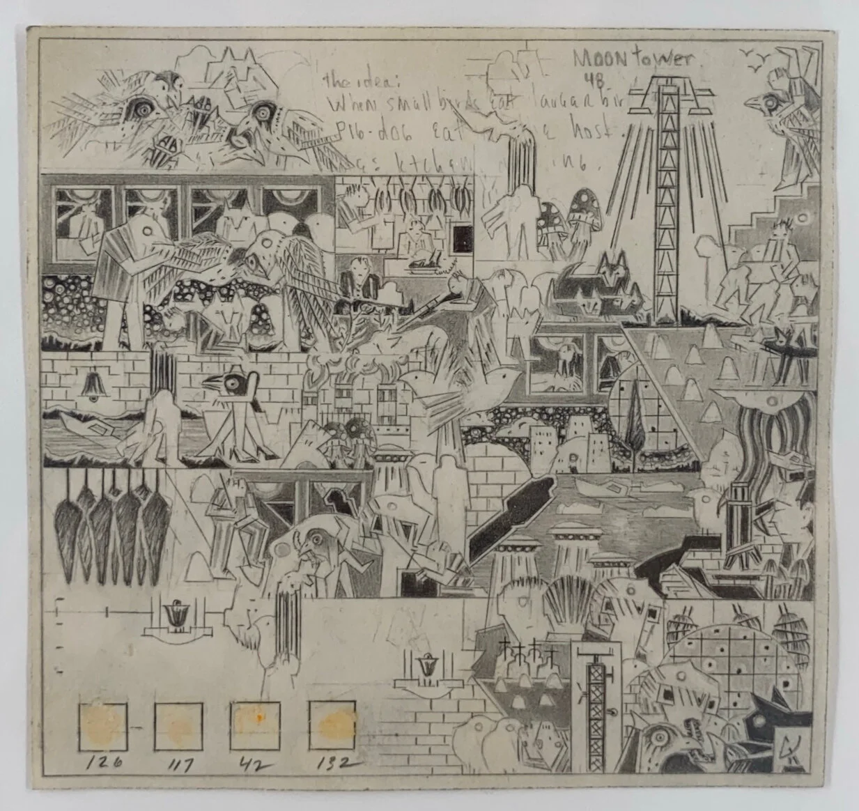  Marc Baseman  Untitled (Moontower)   2013  4 x 4 inches   Graphite and pigment on paper      