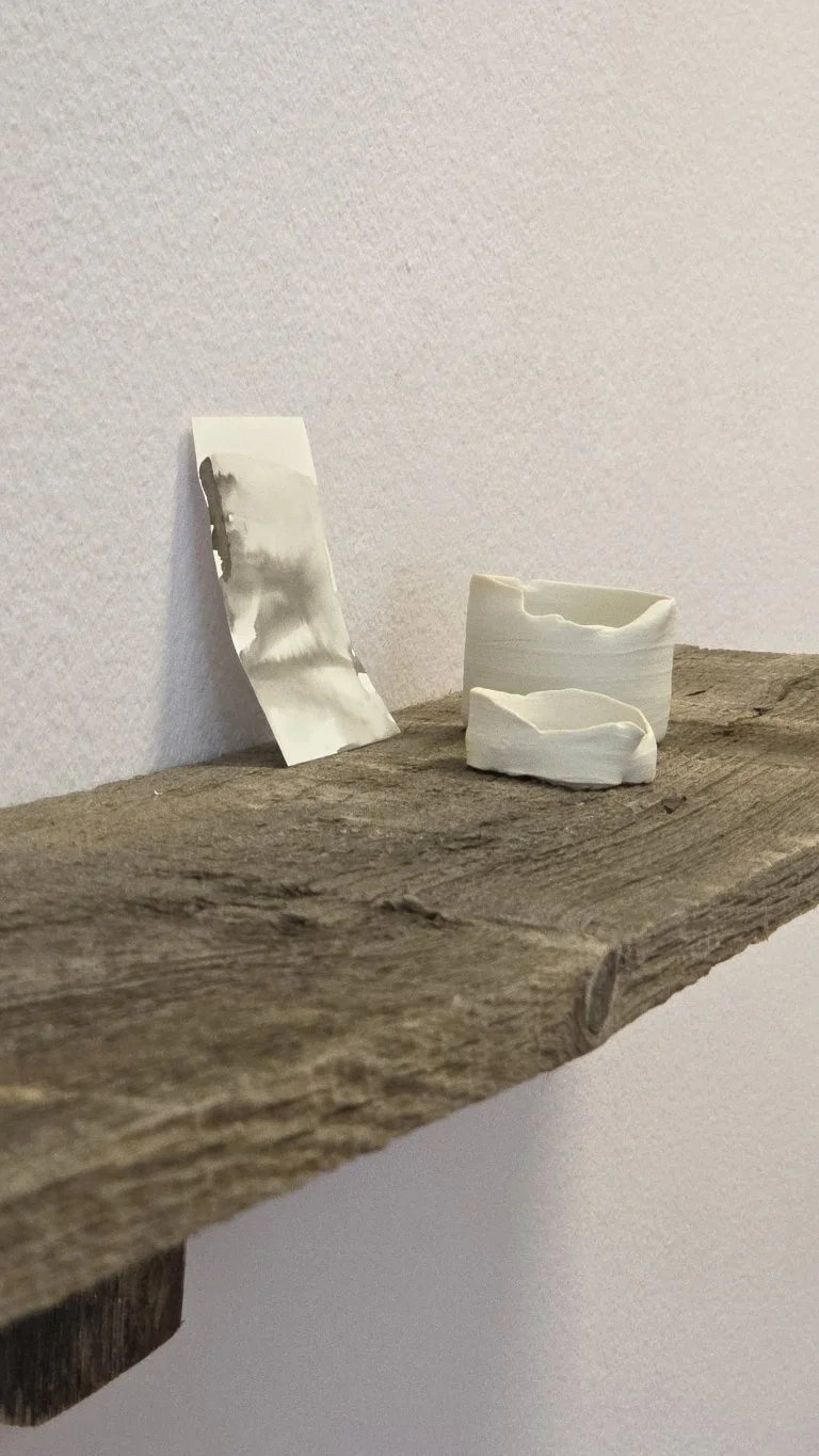 Utako Shindo Untitled (malcriado) 2024 0.625 x 2 inches 1.5 x 2.25 inches 3.25 x 3.25 inches porcelain clay, sumi ink on paper