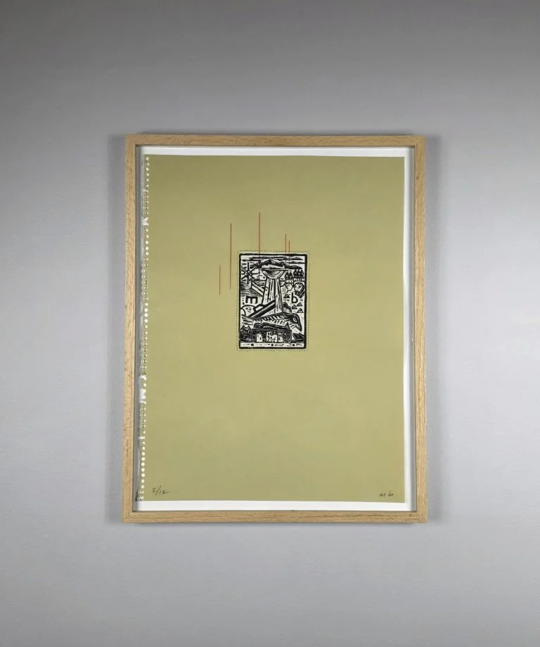  Marc Baseman departure 2025 Woodcut, gouache, and colored pencil on paper&nbsp; edition of 12&nbsp; 19 x 25 inches    