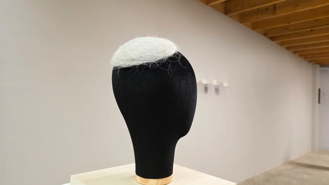  Yarmulke 2020-2026 12 ¾ x 9 ½ x 9 ½ inches soft assembly, hair, placed on black velveteen wig holder 