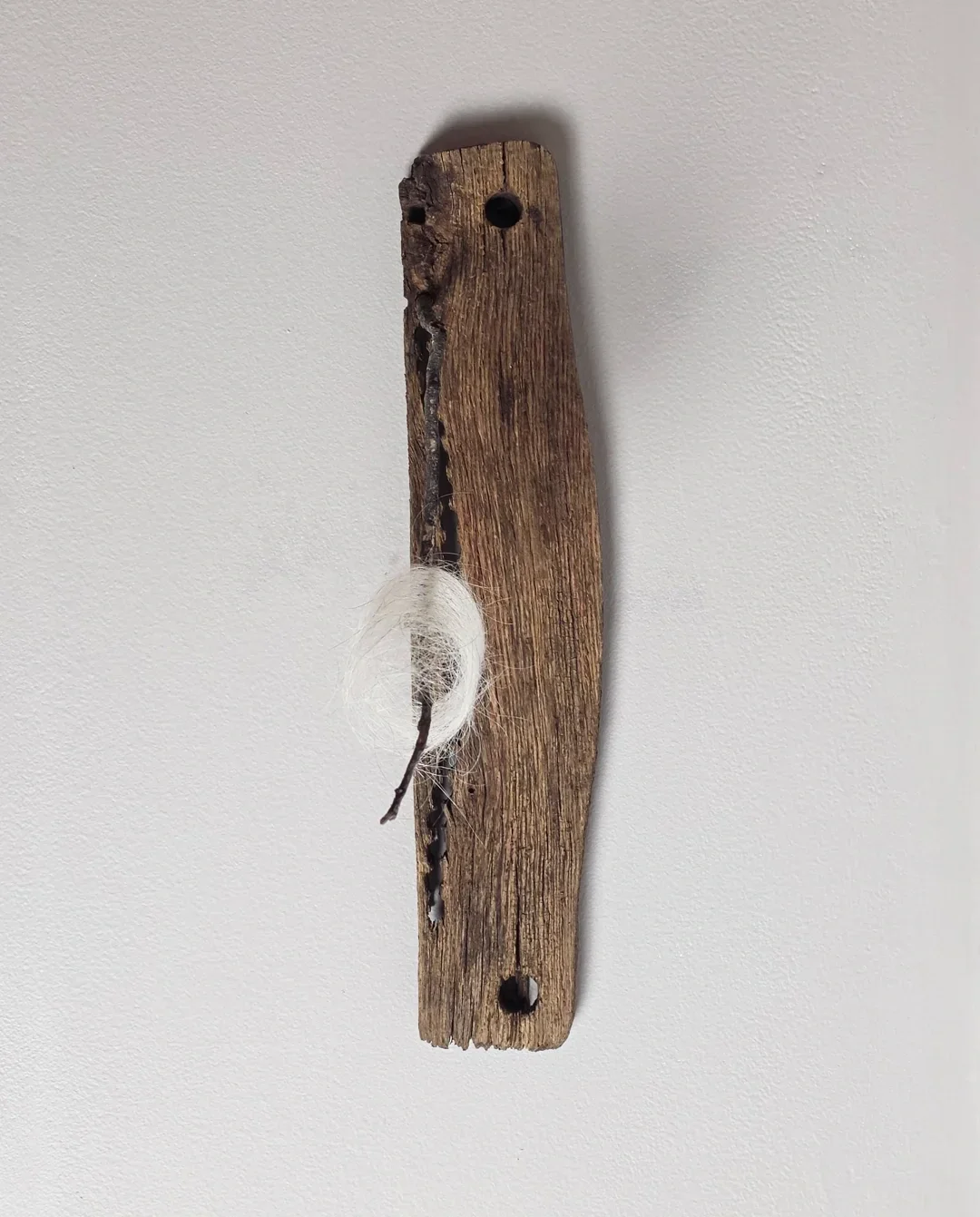  Hair Cloud on Twig  2020-2026  16 ¼ x 4 ¼ x 10 ¾ inches soft assembly, hair, on rustic wood fragment with twig 
