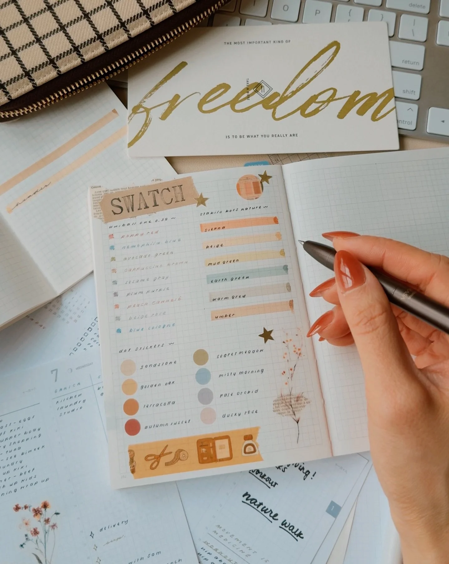 I made a swatch page in the back of my TAKE A NOTE MINI! The paper handles gel pen (uniball one fika colors) and highlighter (stabilo boss nature color) beautifully. There are four blank pages in the back and I never knew what to do with them&mdash;u